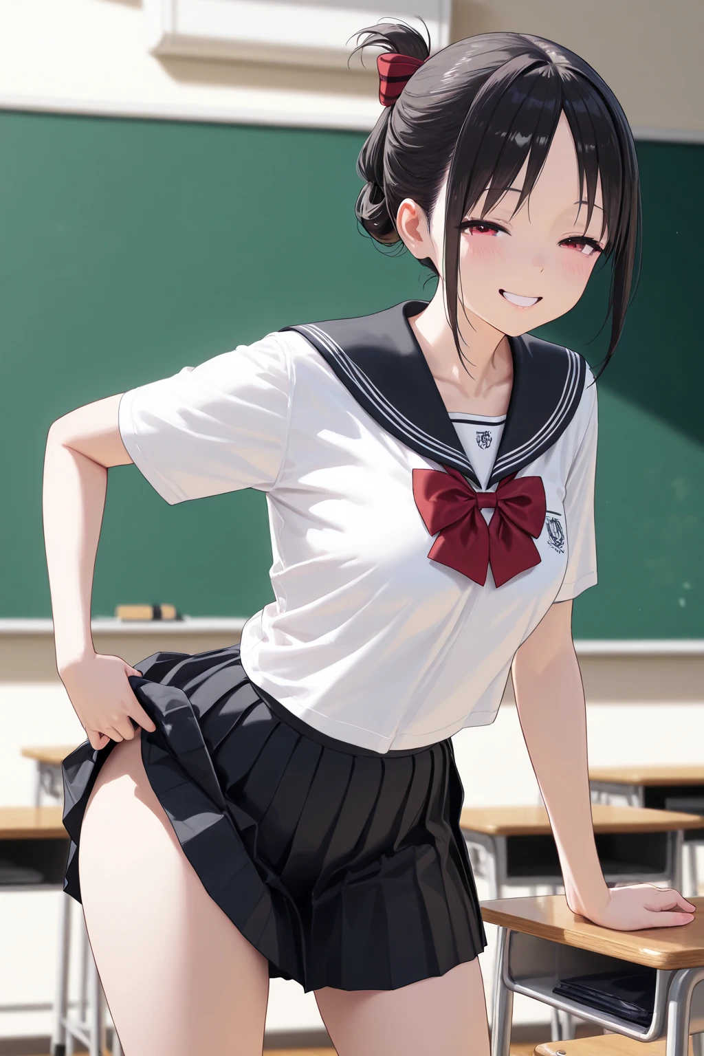 nsfw,alone, (One girl), Junior high school girl,single, , ((White panties)), (wearing only the top half of sailor school uniform), Sailor with un-folded hems, sexy, (Cowboy Shot), ((Put your arms behind your head)), classroom, With a girl:Her hair is long and black, Her face is round and cute, Black Hair, Low twin tails, (Are standing),(Shy, Embarrassing),,((pussy,Female organ,Pussy)),