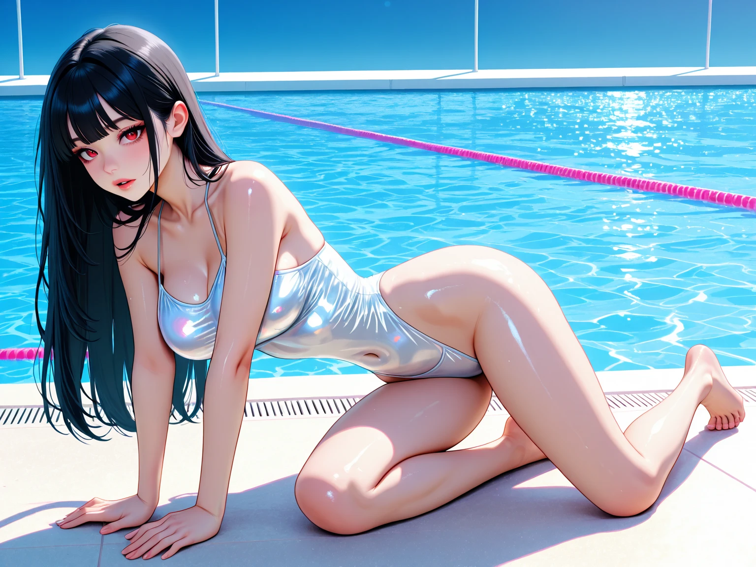 One girl with black hair in a white micro bikini with a ponytail, full body, small, poolside, blush, excitement