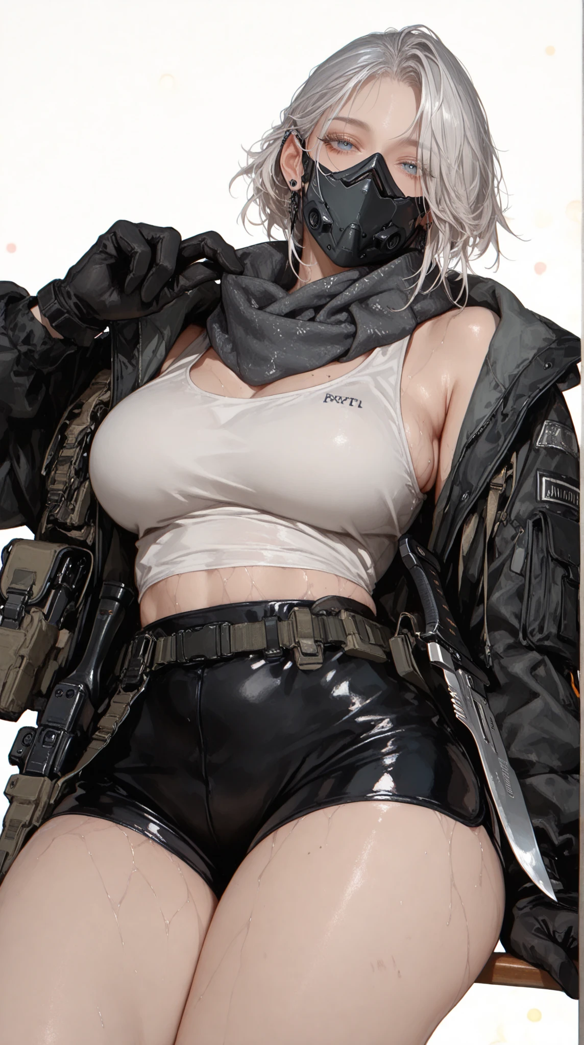 Mommy short gray hair huge with very big and huge breasts wearing tactical uniform scarf very beautiful and very detailed
