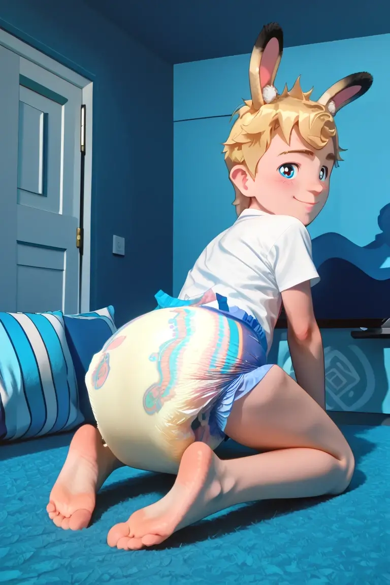 Young boy with short blonde hair and blue eyes, young looking in just panties, laying on bed, Portait photo. 3d cartoon with accurate proportions.