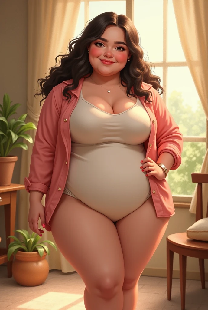 Anime realistic style, Woman with a curvy body wearing an orange prison uniform, posing holding a black suitcase, closeup 