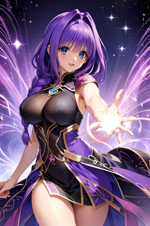 Angular six-pack purple girl with short and medium hair，Hand-held Hakutsu，Smart，Golden square high-gloss eyes，Four or six bangs，The right sideburns are left to the chest，Lean figure。Danfeng Eyes。The corners of his mouth smiled slightly