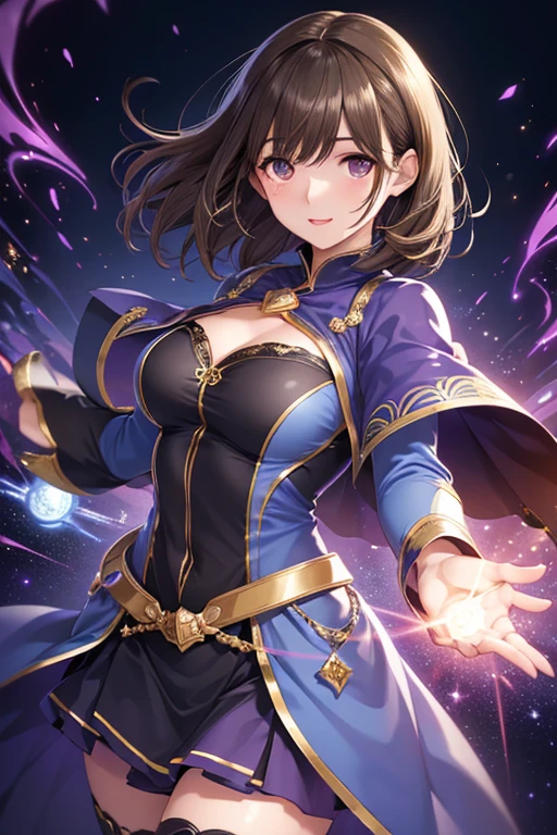 ((masterpiece, Highest quality, High resolution, 超High resolution, Pixel perfect, Written boundary depth, 4K, RTTX 10.0, High resolution))), 1 girl, single, alone, Beautiful Anime Girls, Beautiful art style, Anime characters, ((Shortcuts, bangs, Dark brown hair)), ((Green Eyes:1.4, Round eyes, Beautiful eyelashes, current eyes)), ((Smooth texture:0.75, Anime CG style)), ((Dynamic Angle, close)), Perfect body, (pretty girl), Normal chest, whole body, ((4K, 8k, Highest quality, Perfect Fingers: 1.3, Perfect Anatomy: 1.3, Background Blur)), whole bodyアングル, Illustration of a girl cosplaying, Characters wear fantasy-style wizard costumes, The costume is a deep purple robe and a pointed hat., With a magic wand in his hand, Posing happily, The background is a fantasy-like night sky., The stars are shining, The overall image is a fusion of fantasy and fun.