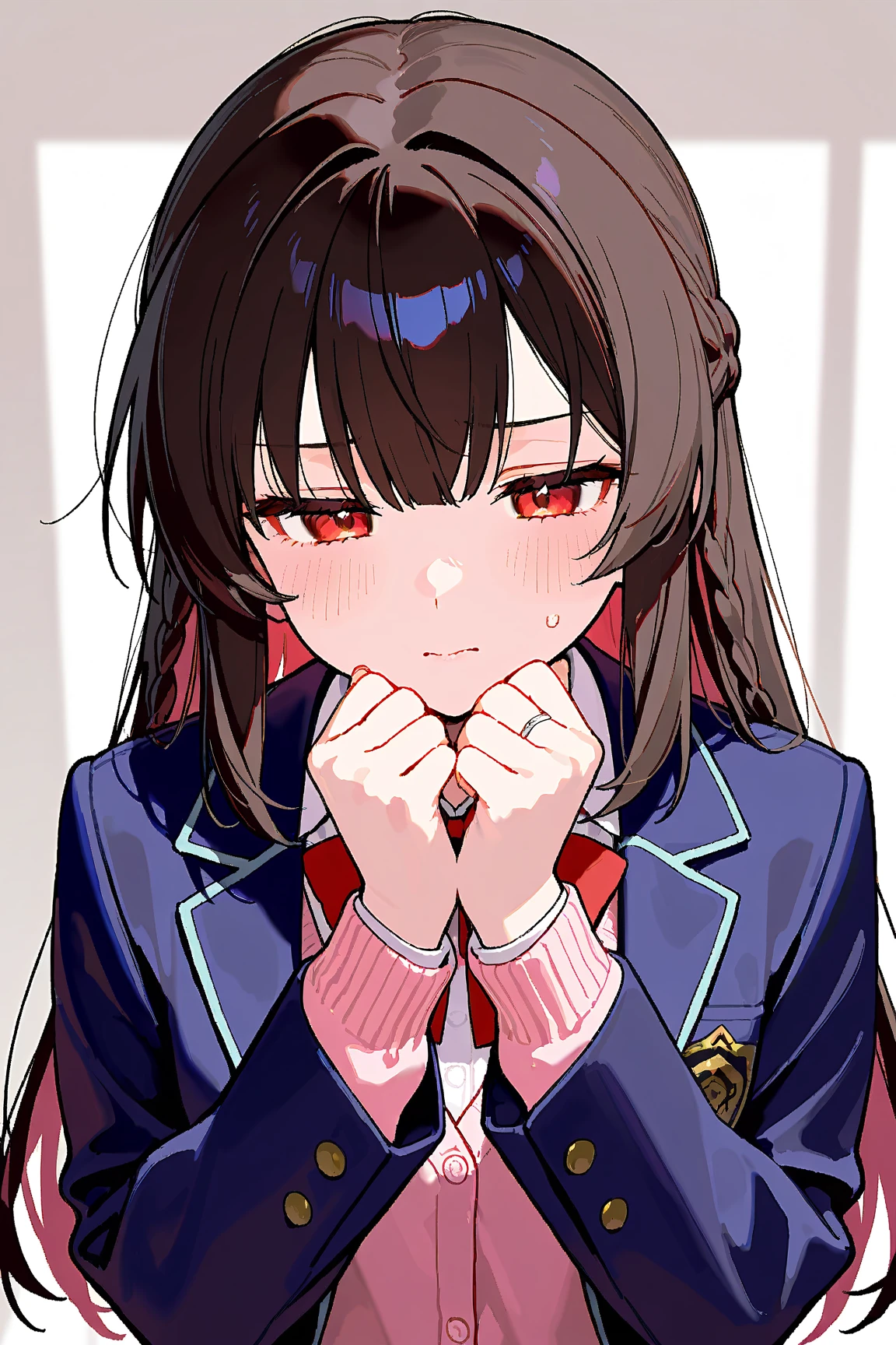 Masterpiece, top quality, best quality, official art, beautiful and aesthetic, anime,1braid, ringed eyes, simple background, black necktie, Makima, makima \(chainsaw man\)extremely detailed, colorful, more detailed ((ultra-detailed)), (highly detailed CG illustration), office, skinny fit, small breasts,in middle,full body.