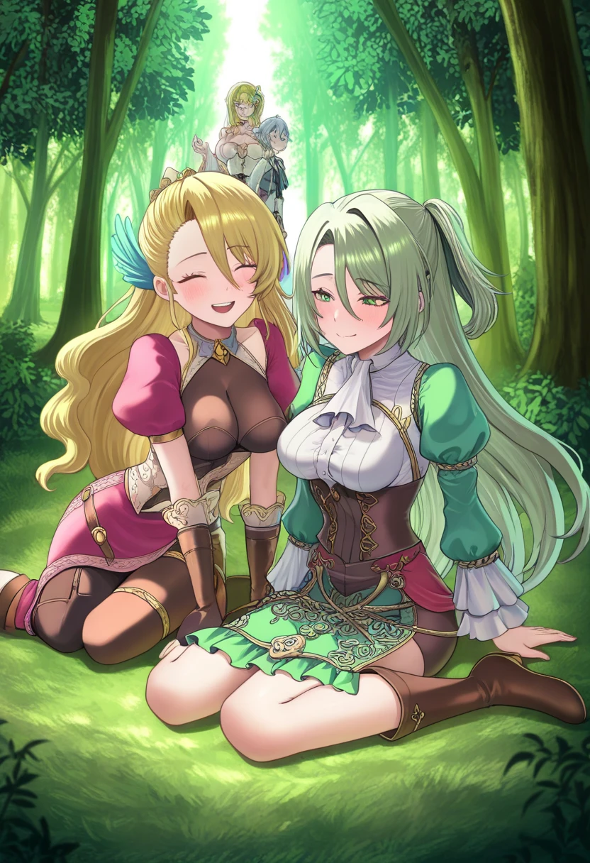 2 girl, game CG, frilly green princess dress, cleavage visible, shoulders visible, tiara, gigantic breasts, blonde, middle hair, side ponytail, green eyes, dakimakura, full body, skirt lift, horizontal string panties, cameltoe, embarrassing, topless ,nsfw,