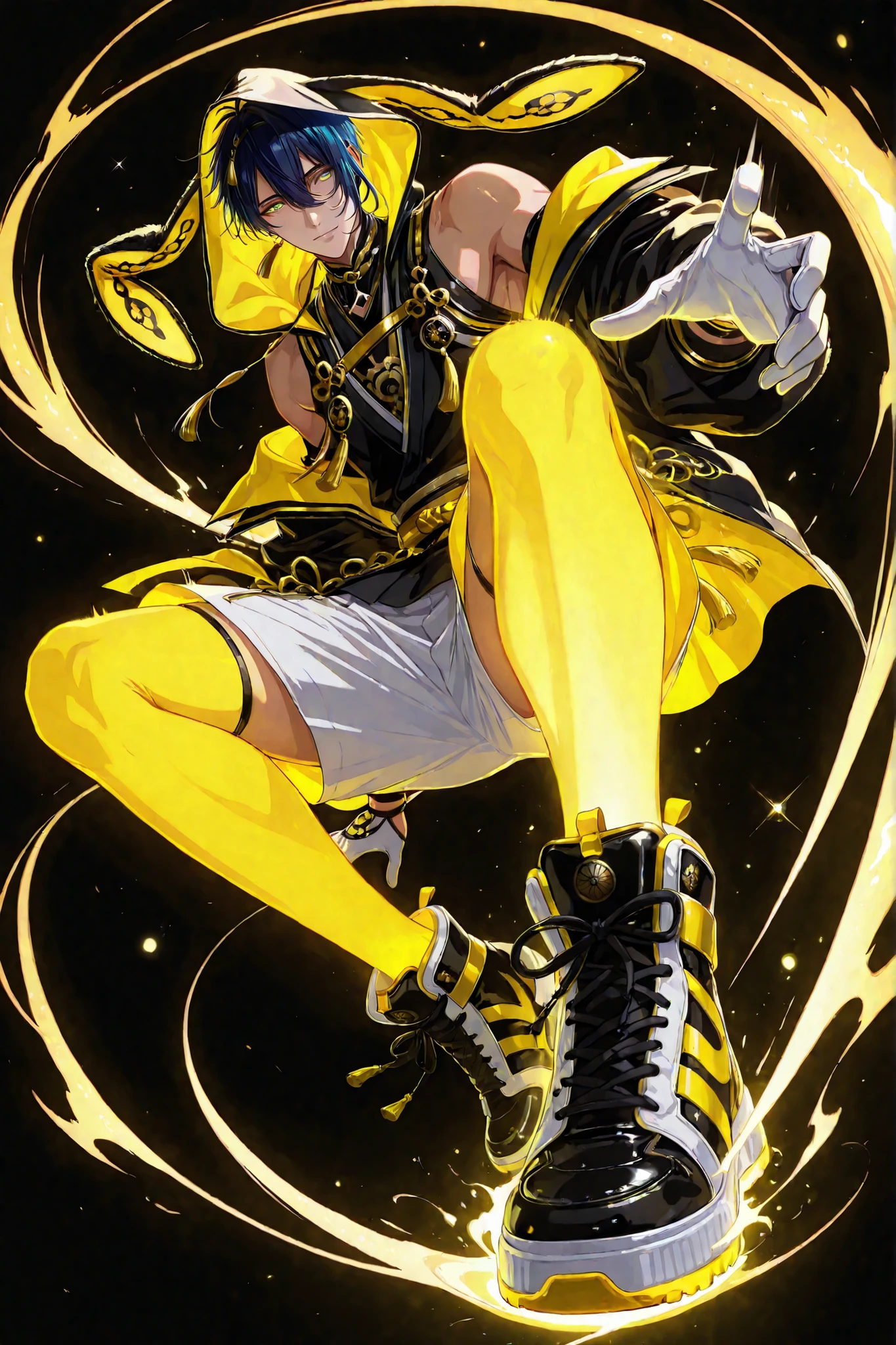 neon art, neon lineart, blue neon lineart, neon silhouette, silhouette, neon colors, glowing, glow effect, bright outlines, vibrant colors, high contrast, dark background, digital art, 1 man, adult, ,mikazuki munechika, touken ranbu, solo, blue hair, blue yellow eyes, handsome, sexy man, sensual, ,solo, nonchalant, male cool clothes, cool fashion, intricate clothes, intricate accessories, intricate patterns, cool, stylish, black top, bare shoulders, hood, rabbit hood, hood up, hood with neon trims, white shorts, shorts with neon trims, sneaker, black sneaker, single glove, white glove, solo, glowing eyes, looking at viewer, dynamic shot, dynamic view, dynamic composition, dynamic action pose, ((dynamic pose, foreshortening:1.3)), yellow aura, motion lines, action scene, motion blur, bokeh, glittering, sparkling, (((black background)))