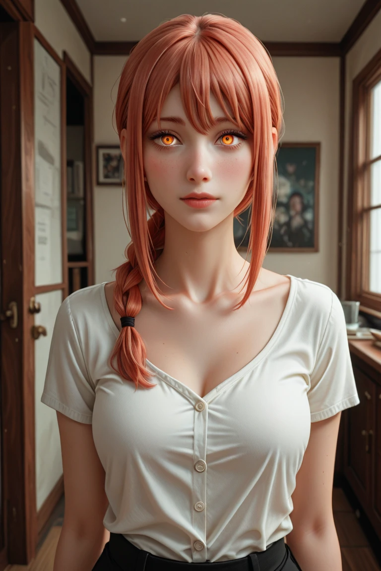 masterpiece, (photorealistic:1.4), best quality, beautiful lighting, makima \(chainsaw man\), (red hair)+(long braided hair)+(bangs), yellow eyes, golden eyes, (ringed eyes), (transparant white shirt), black bra, RAW photo, 8k uhd, film grain, big breast, (ulzzang-6500:0.9:1.0), miniskirt, open button,