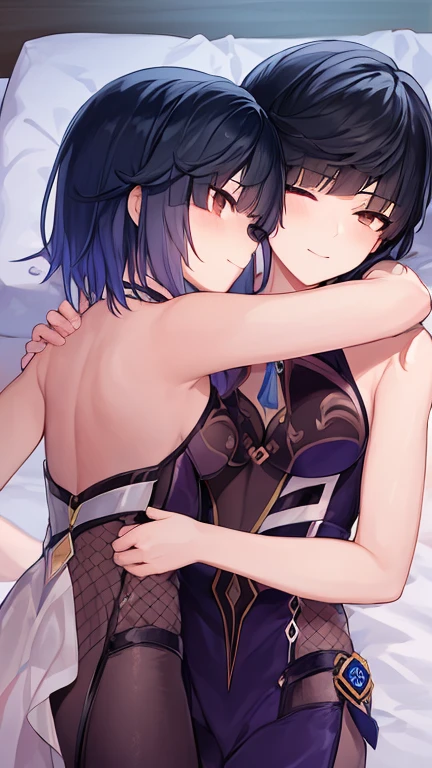 Yelan body, Kafka Outfit, 2girl, together, kiss, toplees