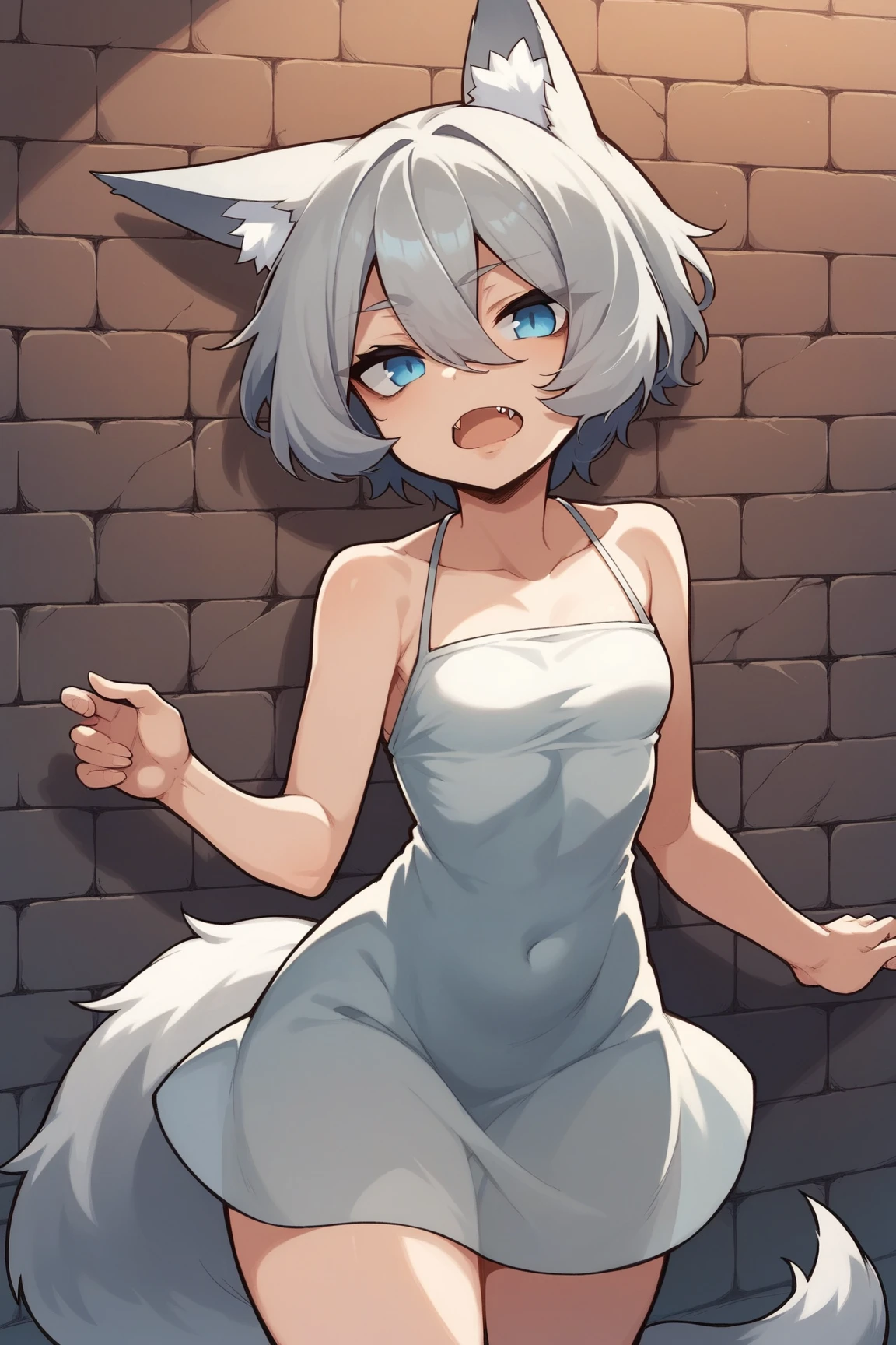 1girl, (wolf girl, wolf ears, wolf tail), (silver white hair)), hair clip, (hair tap eye), long eyeslashes, eyeliner, (((small breasts, nude, small nipples, pussy))), solo, full body, ((standing)), (blue eyes, worried, sad expression, melancholic look), portrait, close-up, (white_background, simple background), face, closed_mouth, looking_at_viewer, blush:1.5, eyelashes, shiny, ((((short_hair)))), head_tilt, detailed shadows, (((manga style, manga coloring))).