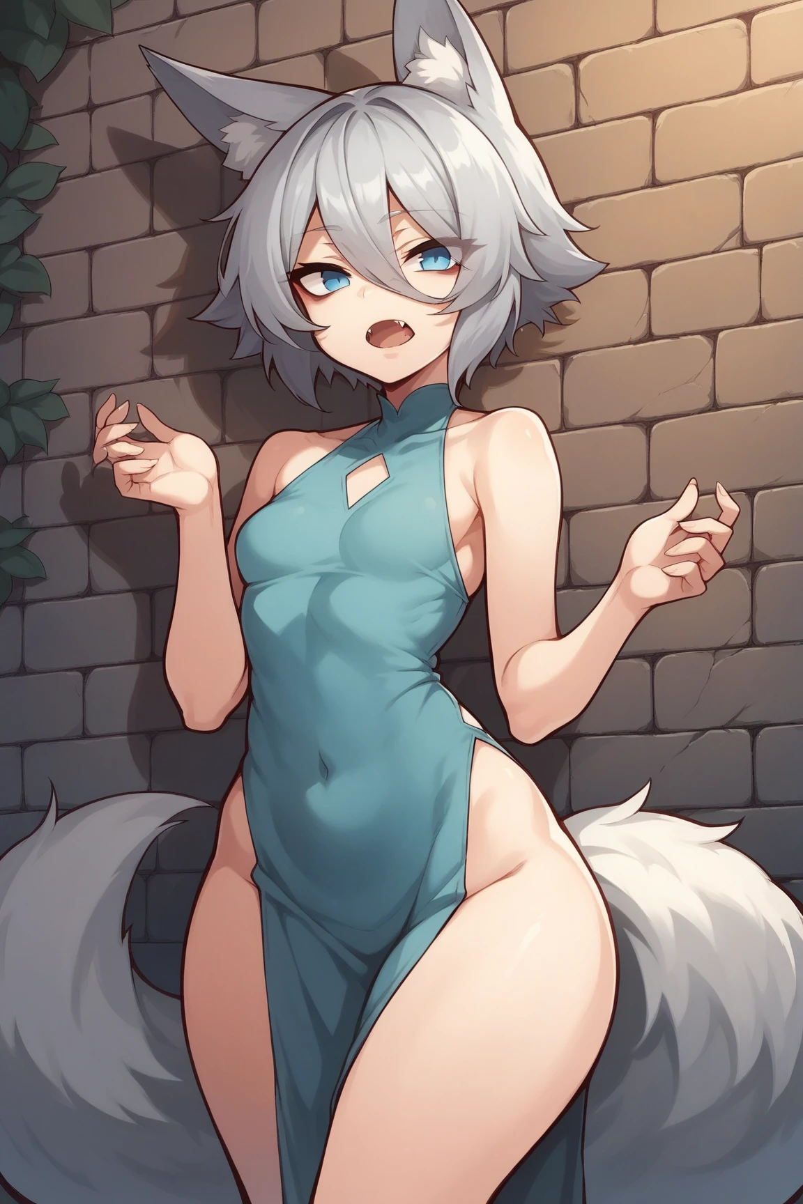 ((masterpiece)), (best quality), (ultra-detailed), photorealistic, (best illustration), ((an extremely delicate and beautiful)), 1girl, solo, long hair, tiger ears, [:tiger tail under:0.2], white hair, two-tone hair, no clothes, nude, (tail covering pussy:1), naked, cross-laced, standing, closed eyes, smile, big breasts, after bath, detailed scenery, in bathroom, low twin braids, twin braids, hair ornament, bracelet, (covering chest:0.9), blush, embarrased, angry. 