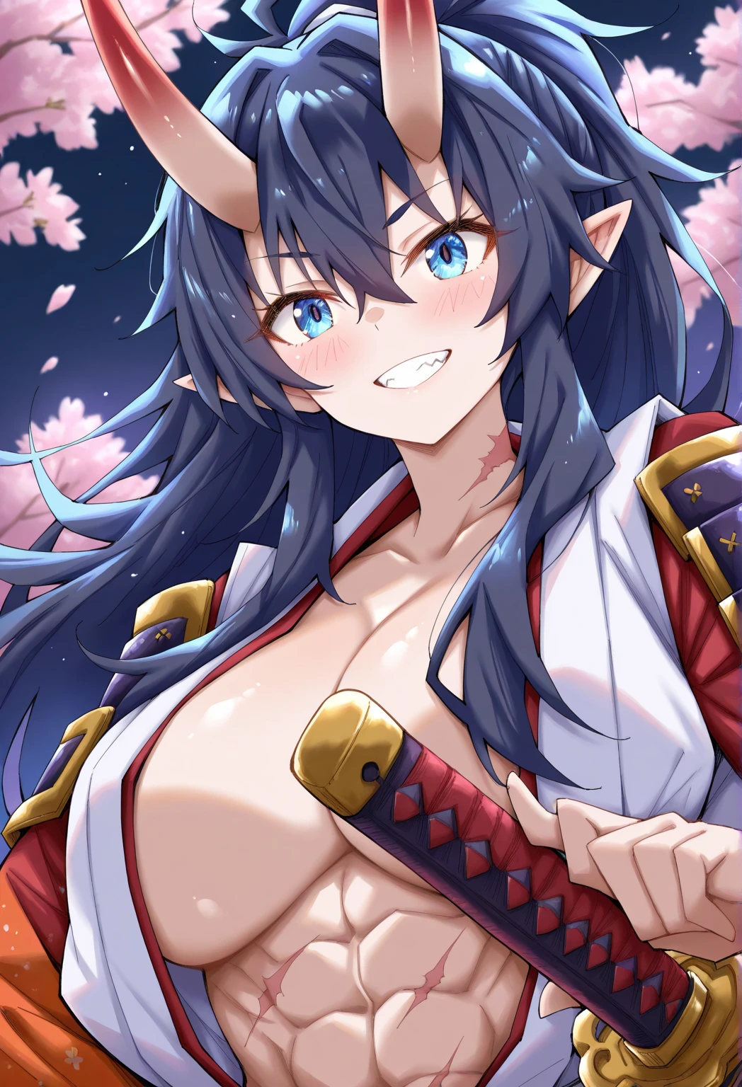 masterpiece, best quality, highres, 1girl, anime, purple hair, medium hair, asymmetrical hair, floating hair, hair between eyes, high ponytail, sidelocks, hair ornament, fish hair ornament, tassel, kanzashi, bangs, red eyes, open mouth, smile, teeth, upper teeth only, choker, red choker, pendant choker, butterfly choker, leash, collarbone, tattoo, chest tattoo, flower tattoo, deep cleavage, gigantic breasts, thick thighs, wide hipes, massive butt, bandages, bandaged leg, sarashi, budget sarashi, chest sarashi, black sash, hadanugi dousa, houkisei, strong wind, the wind blows the clothes, (no underwear), (no lingerie), (no bra), (no panties), (NFSW), japanese clothes, kimono, kinchaku, obi, obiage, obijime, orange kimono, pouch, print kimono, rope, sash, shimenawa, (tight kimono), taut kimono, mini kimono, (really short kimono), transparent kimono, (see-through kimono), single bare shoulder, bare tummy. bare belly, bare chest, bare hip, bare groin, bare breasts, highly detailed breasts, highly detailed areola, protrusive areolas, (pubic hair), detailed pubic hair, cherry blossoms, full body, seductive expression, sexy pose, seductive body, seductive chest,