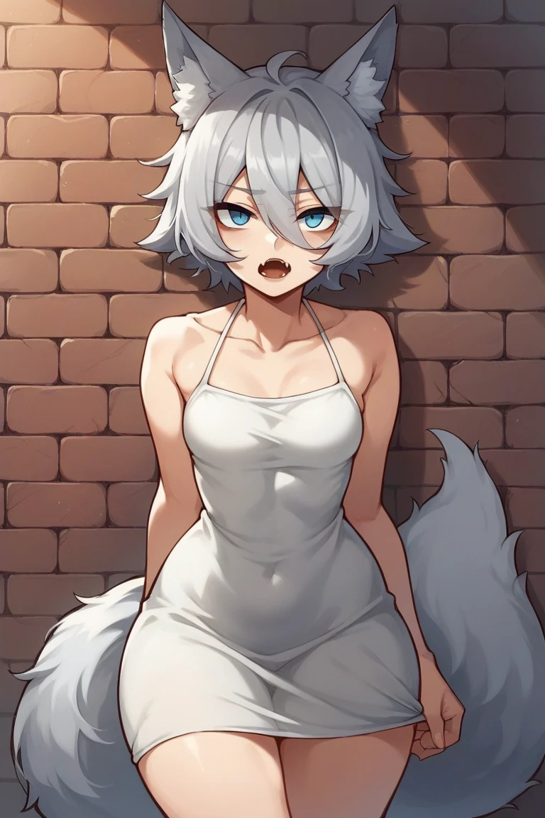 1girl, (wolf girl, wolf ears, wolf tail), (silver white hair)), hair clip, (hair tap eye), long eyeslashes, eyeliner, (((small breasts, nude, small snipples, pussy))), solo, full body, ((standing)), (blue eyes, worried, sad expression, melancholic look), portrait, close-up, (white_background, simple background), face, closed_mouth, looking_at_viewer, blush:1.5, eyelashes, shiny, ((((short_hair)))), head_tilt, detailed shadows, (((manga style, manga coloring))).