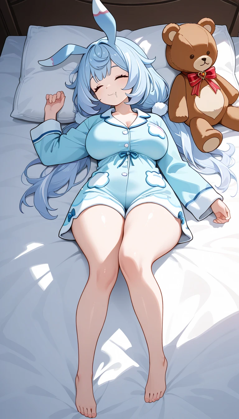 独奏, full body Esbian, sitting on, dynamic ungle, Cyan hair,Big breasts, frilld, age19, Cyan hair, natta, starrysky, murky, sleepy, I want to sleep, Animal Ear Food, Having a teddy bear, covered breast,full of shyness, red blush,Young girl in pajamas holding big stuffed animal, With a shy look, In the bedroom setting、 The composition should exude a blend of sensuality and innocence、 The background should be visually appealing、