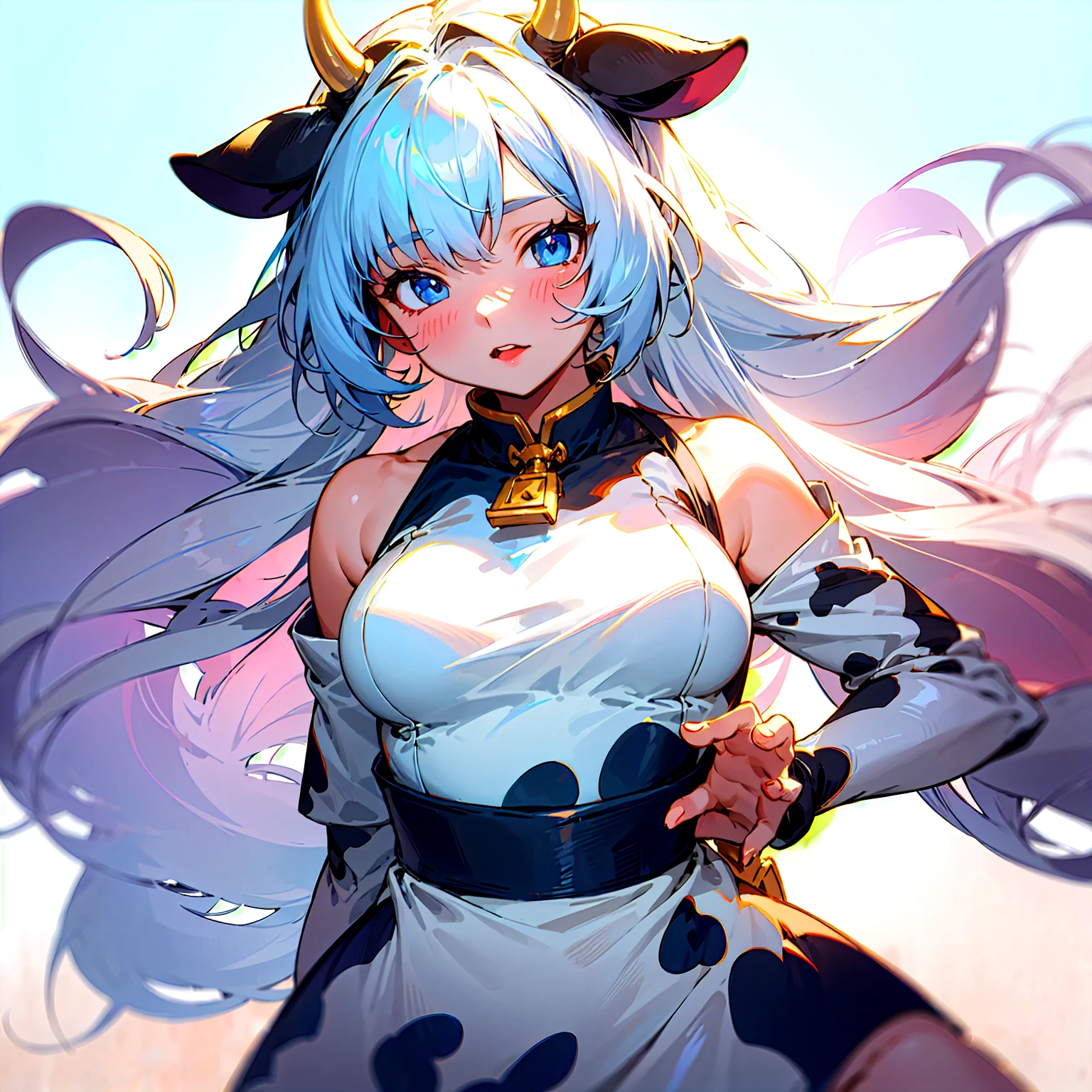 8k_wallpaper, extremely detailed eyes, extremely detailed body, (large masterpiece digital art), (detailed manga illustration), (detailed line art), ((perfect anatomy)), (intricate details:1.3), (ultra-detailed:1.3), (illustration:1.3), (sharp focus:1.3), (natural lighting:1.05), (vivid colors:1.3), (masterpiece), (best quality:1.4), (perfect anatomy:1.4), high quality, expressive eyes, full body, tall girl, detailed face, beautiful face, perfect face, detailed ((white hair)), (black hair), (pink eyes), {{dark skin}}, ({dark skinned female}), cow girl, gigantic breasts, thick thighs, very long hair, bare shoulders, denim, (blue overalls), overalls, dynamic lighting, cow print, high resolution, 4k resolution, dynamic pose, silver jewelry, {fantasy farm background}, choker, (cow ears), {{cow tail}}, (tail), ((streaked hair)), wide hips, thighhighs, horns, {cow horns}, animal ears, skin dentation, curvy, plump,