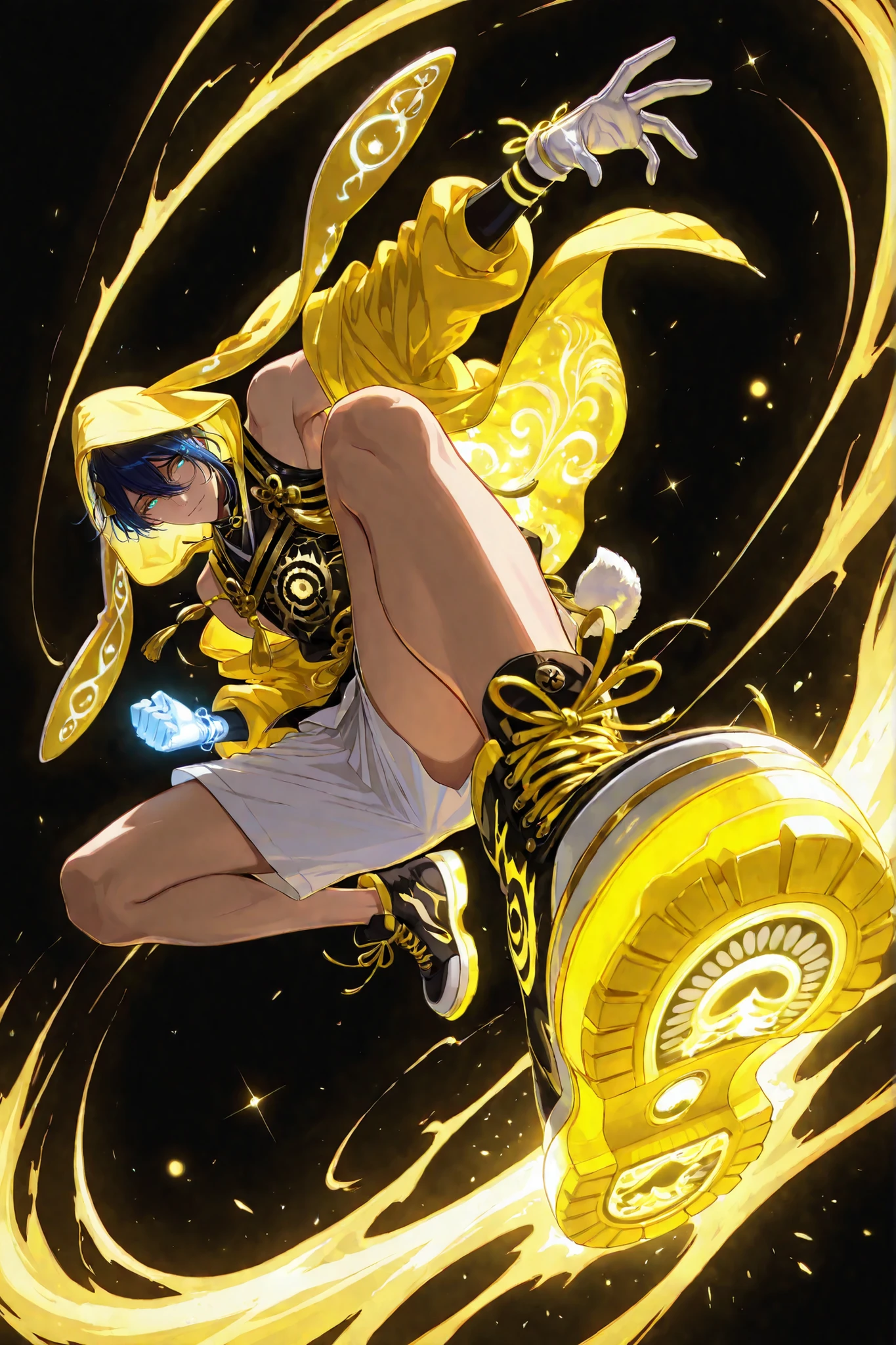 neon art, neon lineart, blue neon lineart, neon silhouette, silhouette, neon colors, glowing, glow effect, bright outlines, vibrant colors, high contrast, dark background, digital art, 1 man, adult, ,mikazuki munechika, touken ranbu, solo, blue hair, blue yellow eyes, handsome, sexy man, sensual, ,solo, nonchalant, male cool clothes, cool fashion, intricate clothes, intricate accessories, intricate patterns, cool, stylish, black top, bare shoulders, hood, rabbit hood, hood up, hood with neon trims, white shorts, shorts with neon trims, sneaker, black sneaker, single glove, white glove, solo, glowing eyes, looking at viewer, dynamic shot, dynamic view, dynamic composition, dynamic action pose, ((dynamic pose, foreshortening:1.3)), yellow aura, motion lines, action scene, motion blur, bokeh, glittering, sparkling, (((black background)))