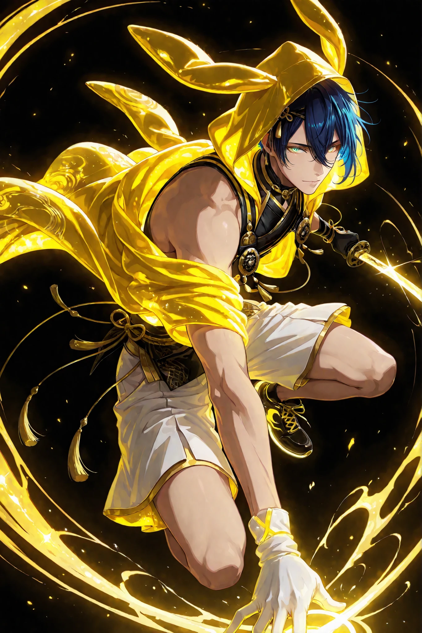 neon art, neon lineart, blue neon lineart, neon silhouette, silhouette, neon colors, glowing, glow effect, bright outlines, vibrant colors, high contrast, dark background, digital art, 1 man, adult, ,mikazuki munechika, touken ranbu, solo, blue hair, blue yellow eyes, handsome, sexy man, sensual, ,solo, nonchalant, male cool clothes, cool fashion, intricate clothes, intricate accessories, intricate patterns, cool, stylish, black top, bare shoulders, hood, rabbit hood, hood up, hood with neon trims, white shorts, shorts with neon trims, sneaker, black sneaker, single glove, white glove, solo, glowing eyes, looking at viewer, dynamic shot, dynamic view, dynamic composition, dynamic action pose, ((dynamic pose, foreshortening:1.3)), yellow aura, motion lines, action scene, motion blur, bokeh, glittering, sparkling, (((black background)))