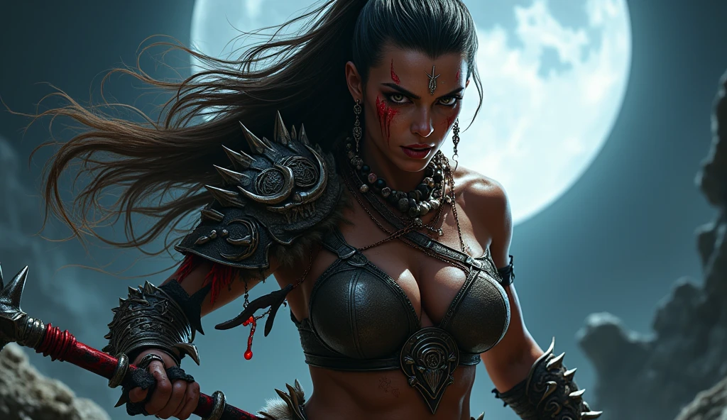 (standing barbarian female:1.2 warrior) (best quality,highres,realistic:1.2),ultra-detailed,portrait,fantasy,brave,strong,beautiful detailed eyes,beautiful detailed lips,expressive face,brown wavy hair,fit and muscular body,painted face,tattoos covering arms and torso,weapon in hand,savage,hostile environment,harsh weather conditions,dramatic lighting,battle-ready,ferocious,warrior spirit,intense gaze,dominant presence,war paint,steely determination,stoic,strong-willed,confident,unyielding,primal,tough and resilient,explosive energy,scars of past battles,raw power,fierce determination,fearless,untamed spirit,feral grace,striking pose,leather armor,animal bone accessories,tattered cape,warrior's insignia,battlefield,ancient ruins,enchanting forest,bloodlust,unconquerable,defender of the weak. nsfw:1.2, subtle nudity