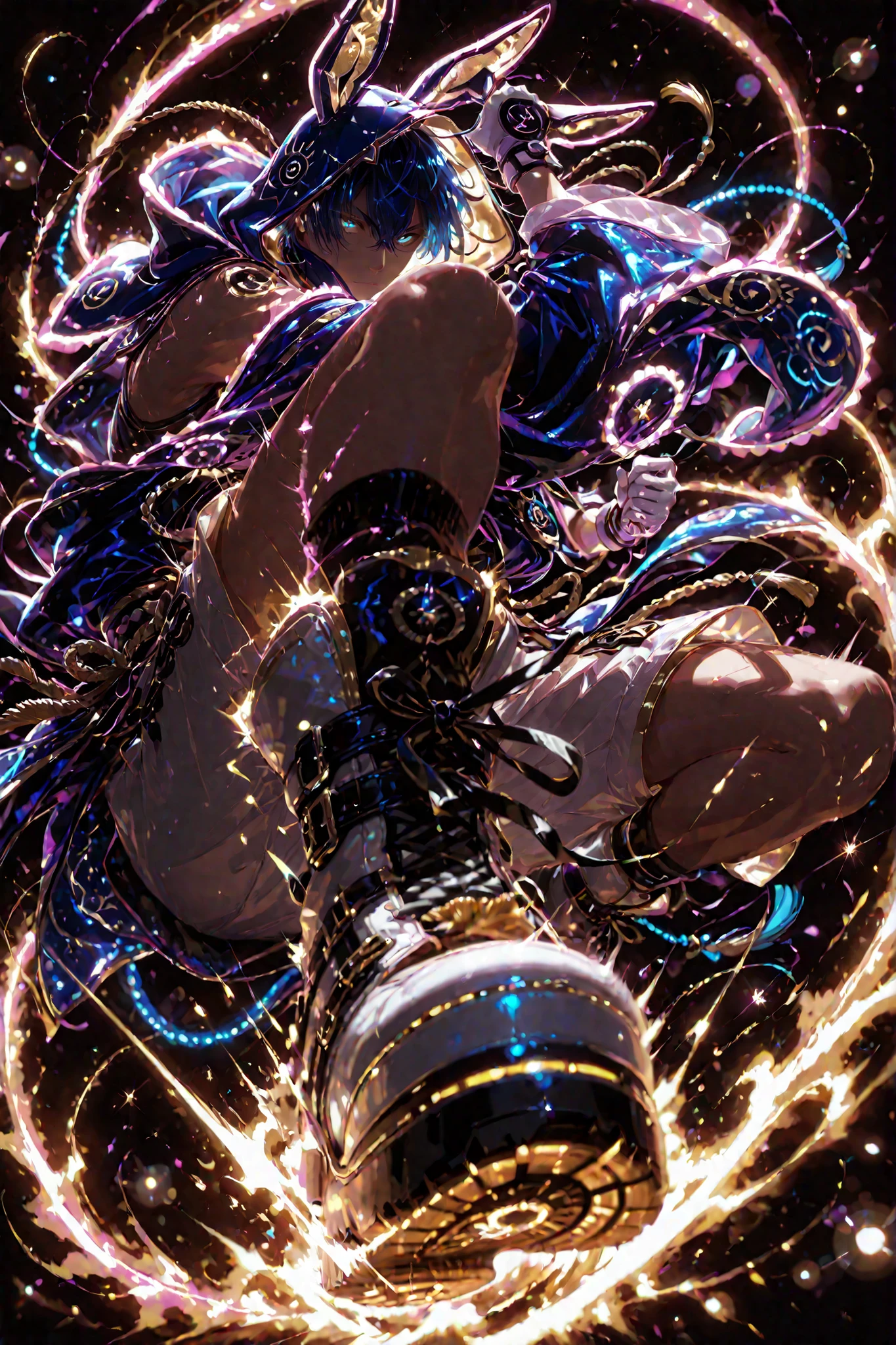 neon art, neon lineart, blue neon lineart, neon silhouette, silhouette, neon colors, glowing, glow effect, bright outlines, vibrant colors, high contrast, dark background, digital art, 1 man, adult, ,mikazuki munechika, touken ranbu, solo, blue hair, blue yellow eyes, handsome, sexy man, sensual, ,solo, nonchalant, male cool clothes, cool fashion, intricate clothes, intricate accessories, intricate patterns, cool, stylish, black top, bare shoulders, hood, rabbit hood, hood up, hood with neon trims, white shorts, shorts with neon trims, sneaker, black sneaker, single glove, white glove, solo, glowing eyes, looking at viewer, dynamic shot, dynamic view, dynamic composition, dynamic action pose, ((dynamic pose, foreshortening:1.3)), yellow aura, motion lines, action scene, motion blur, bokeh, glittering, sparkling, (((black background)))