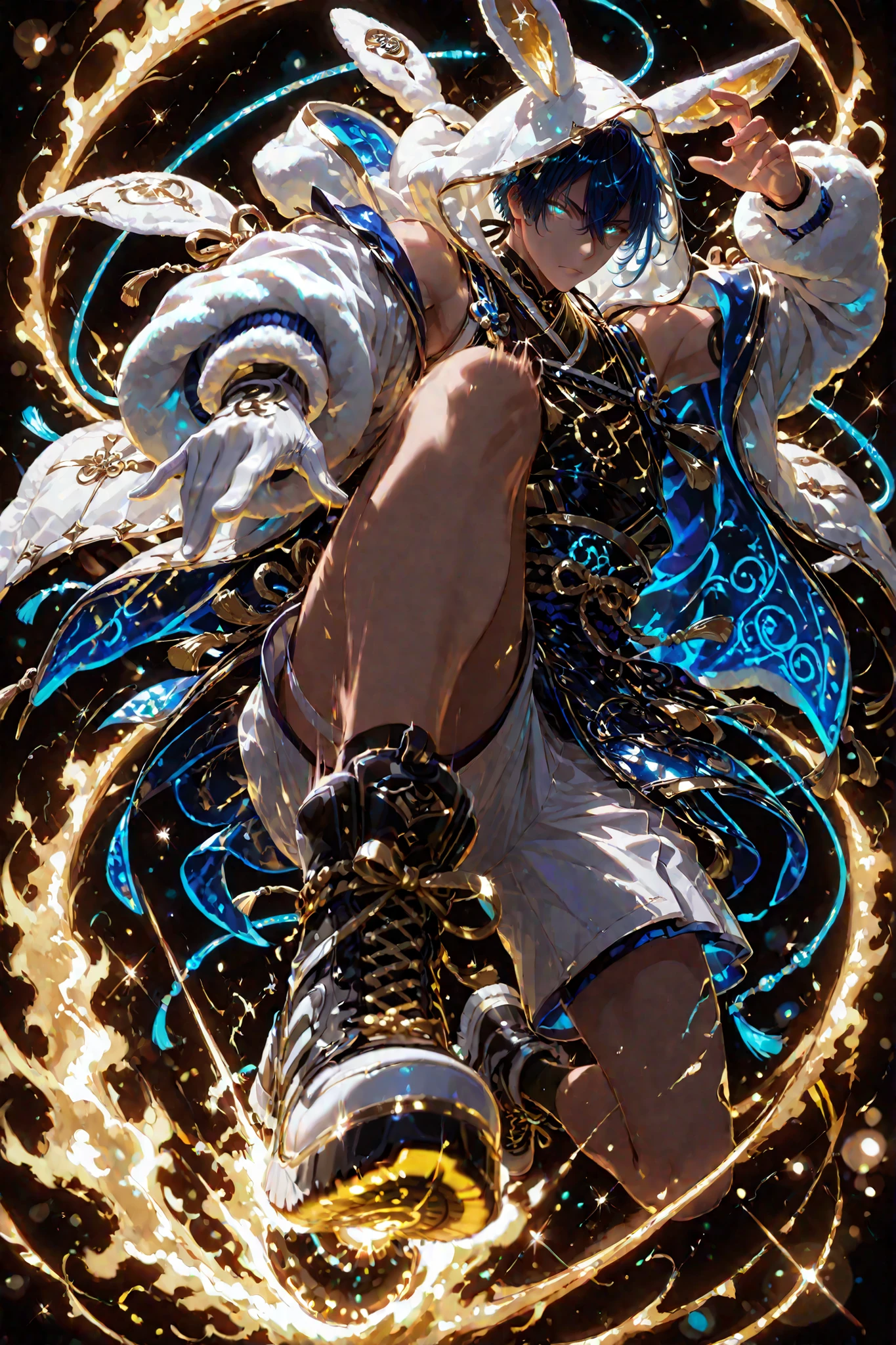 neon art, neon lineart, blue neon lineart, neon silhouette, silhouette, neon colors, glowing, glow effect, bright outlines, vibrant colors, high contrast, dark background, digital art, 1 man, adult, ,mikazuki munechika, touken ranbu, solo, blue hair, blue yellow eyes, handsome, sexy man, sensual, ,solo, nonchalant, male cool clothes, cool fashion, intricate clothes, intricate accessories, intricate patterns, cool, stylish, black top, bare shoulders, hood, rabbit hood, hood up, hood with neon trims, white shorts, shorts with neon trims, sneaker, black sneaker, single glove, white glove, solo, glowing eyes, looking at viewer, dynamic shot, dynamic view, dynamic composition, dynamic action pose, ((dynamic pose, foreshortening:1.3)), yellow aura, motion lines, action scene, motion blur, bokeh, glittering, sparkling, (((black background)))