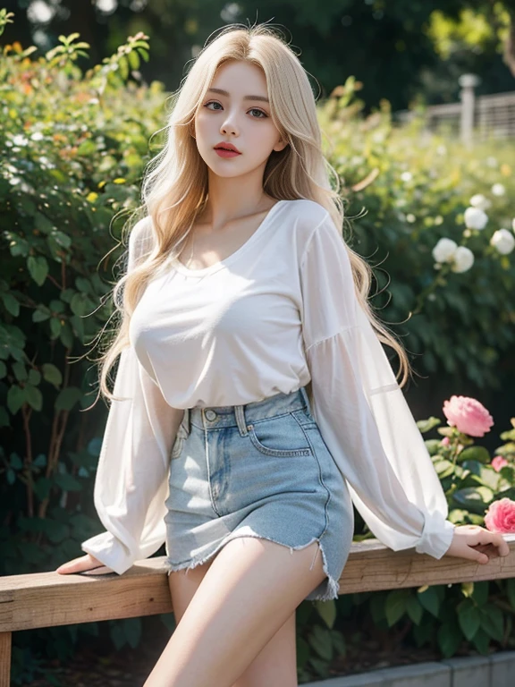 1girl, (Blue Eyes), (smiling :1.2), (big tits :1.2), big ass, thin waist, thick thighs, toned legs, muscle, (Best Quality, 8k, Masterpiece: 1.3), Clear Focus: 1.2, Perfect Body Beauty: 1.4, strong abs, Highly detailed face and skin texture, detailed eyes, double eyelids, ((blonde long hair :1.2)), ((white flowered blouse :1.2)), (denim shorts :1.1), standing, dynamic pose, showing her tits, on a deserted road, mountain in the background, blurred background