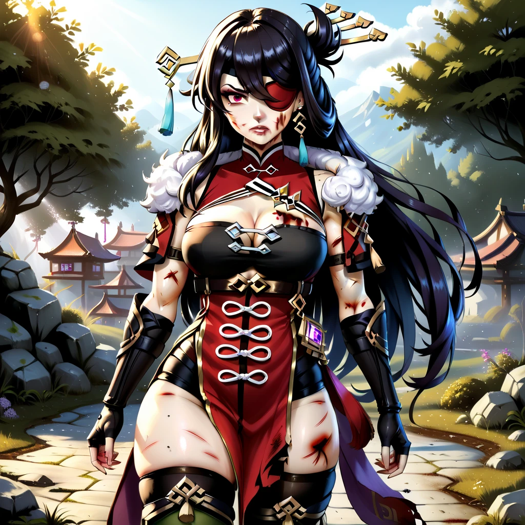 (masterpiece), best quality, expressive eyes, perfect face, ((crimson armor)), black hair, closed smile, athletic body, slim figure, lace bikini, thong, exposed midriff, large breasts, cleavage, fishnets, watercolor, sakura blossom background. thunder lightning magic