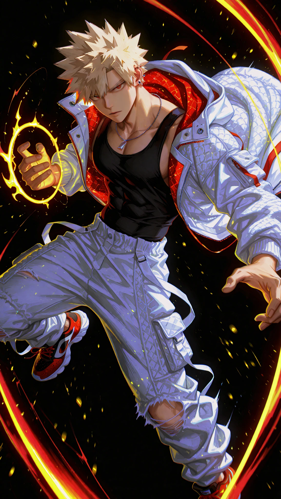 1boy,male focus,jacket,pectorals flame hair, extremely masculine muscular character, ripped clothes, shirtless, huge bulge, ,solo,shirt,open jacket,open clothes, rainbow cape, thong, short hair, rainbow male,rainbow hair, waving hands around, vpl, hammer