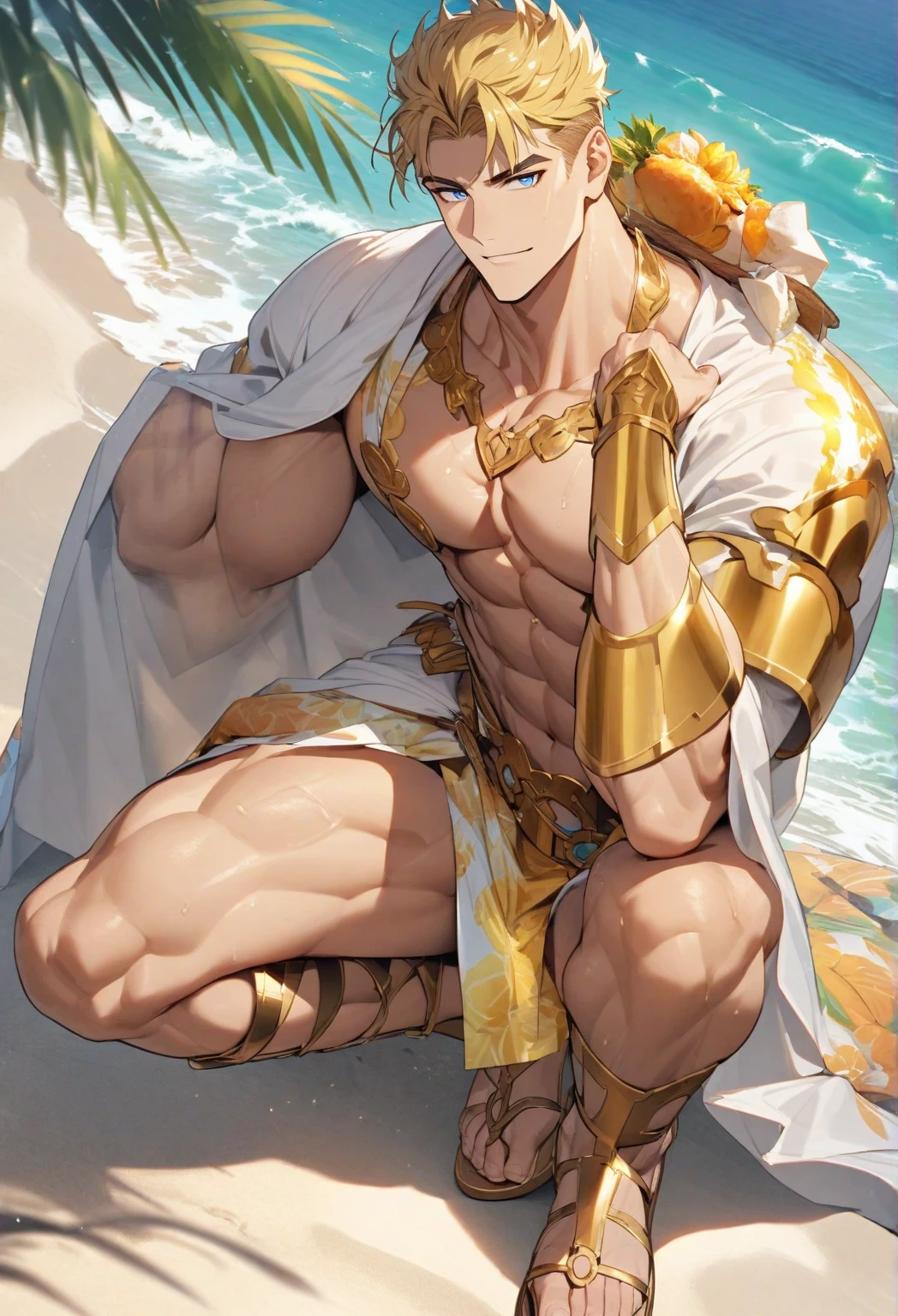 ((1 man)),(male muscle, pectoral,man chest, muscular), ((male focus)),(((short blonde hair))) greek, detailed face, detailed body, wearing gold jewelry
((beautiful greek bath house, marble, pillars, (clear water, pool))((at night)),((greek temple background)),( detailed),(((vibrant colors,vibrant theme))),(masterpiece)