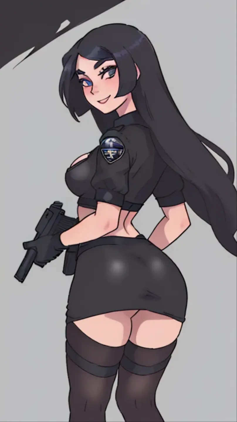 (masterpiece), best quality, expressive eyes, perfect face, (("do you like how slutty my outfit is?")), ((doggystyle_position)), ((slutty_widow)), smiling, ((showing_off_her_assets)), (black_G-string), ((tight_outfit)), cleavage, elegant, (flowing_hair), (rear_view), ((young:1.3)), ((teen:1.3)),a white lady age 27 in black police uniform black shirt and skirt above knees show her sexy legs with sexy body big and quite good ass sexy legs , blue eyes with long black raven hair with a gun in hand