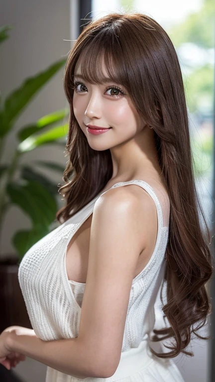 Full Body Angle、((highest quality, 8K, masterpiece: 1.3)), concentrated: 1.2, Cute girl 1,Nipples erect、 Perfect beauty: 1.4,Crisscross V-neck T-shirt, Casual summer short sleeve t-shirt: 1.2,Long sleeve、Randall Color、comics&Text Graphics、Black ruffle-trimmed drawstring zip blouse,1.1, Highly detailed face and skin textures, Fine grain, double eyelid, whitening skin, ,highest quality,Ultra-high resolution,you,1 girl,alone,_Shiny_skin,Iris,necklace,((Brown_length_Wavy_hair)),(lips)),eyelash,Front hair,deal with,compensate,Shiny,pore,skin texture,Large Breasts、smiling face、Front hair、garden、