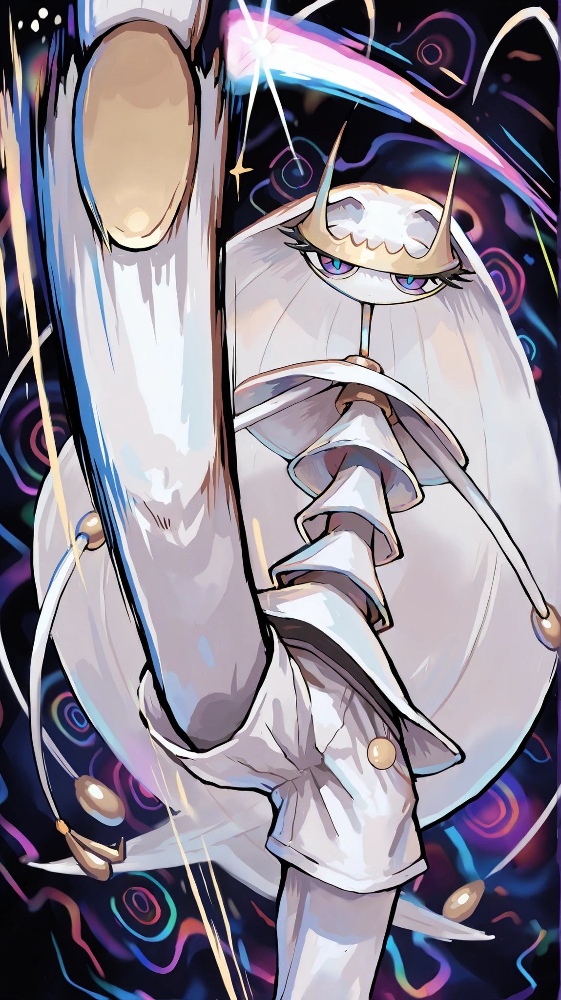 Pheromosa from Pokemon, White Body, (psychedelic cosmic horror), Thin Waist, Very Thin Waist, Wasp Waist, Solo, Aerial View,vibrant colors, cel shading, Simplistic Art Style, looking at viewer, solo,((round kick:1.5)),
