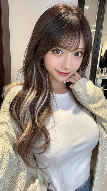 Full Body Angle、((highest quality, 8K, masterpiece: 1.3)), concentrated: 1.2, Cute girl 1,Nipples erect、 Perfect beauty: 1.4,Short sleeve blouse with round neck and frill design in cotton: 1.2,Long sleeve、Randall Color、comics&Text Graphics、Black ruffle-trimmed drawstring zip blouse,1.1, Highly detailed face and skin textures, Fine grain, double eyelid, whitening skin, ,highest quality,Ultra-high resolution,you,1 girl,alone,_Shiny_skin,Iris,necklace,((Brown_length_Wavy_hair)),(lips)),eyelash,Front hair,deal with,compensate,Shiny,pore,skin texture,Large Breasts、smiling face、Game room、