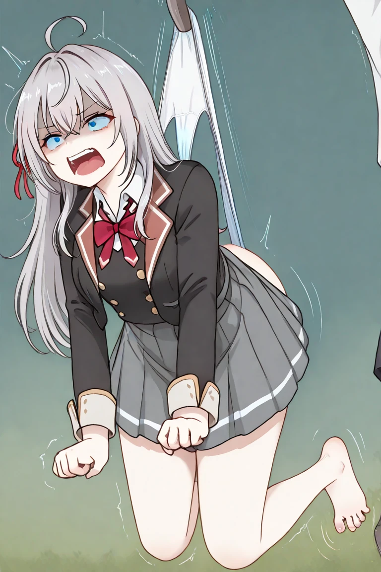 Young girl with grey hair, ((fringed and curly hair)),((curly short twintail)), curly hair ,(red eyes),, ((small bushy eyebrows)), wearing gothic lolita clothing, lolicon , to school, bored eyes, bored face (Zankuro) drawing style by zankuro artist, Zancrow style, image uploaded in R34, walking to school, flirty smile , suddenly having sex in public, ((doggy style sex)), ((public sex )) naked ass in the male crotch, old man , ((being raped by a decrepit old man in a dirty alley, 