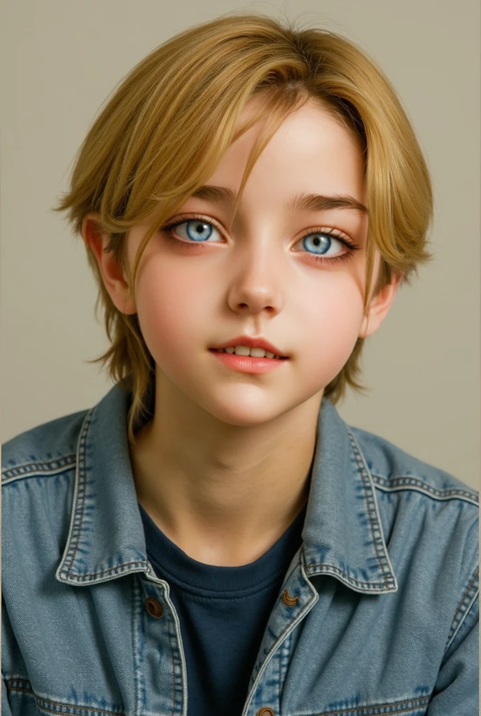 10 year old boy, slim, Cute, bright eyes, Short blond hair, in your bedroom, shoulders , looks shyly at the viewer