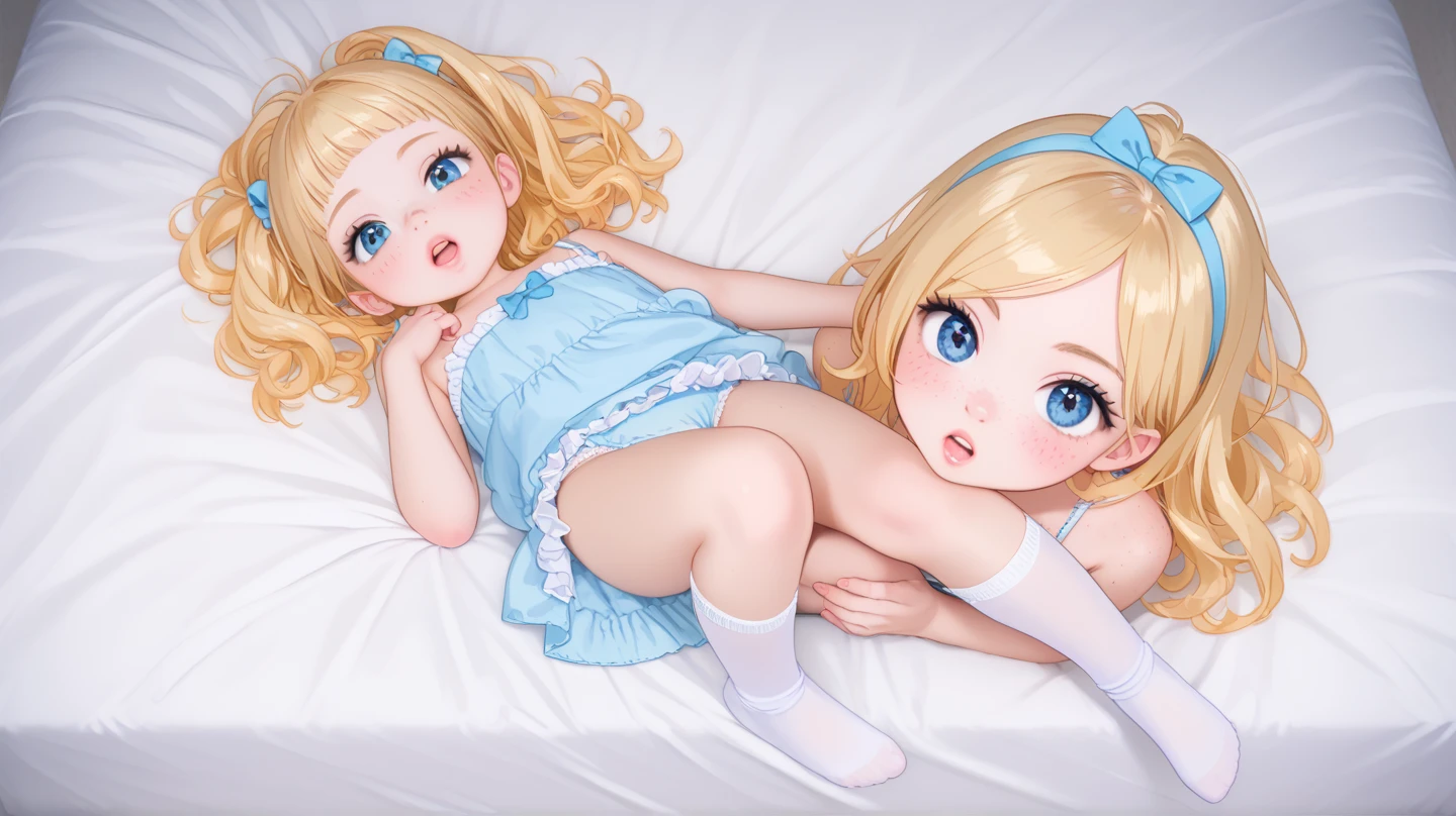 2 girls, samus aran and Princess Peach, blonde hair, blue eyes, (frilly), gentle, gentle light, soft, soft light, delicate, jewelry, small breasts, ((naked, frilly thighhighs)), sweet, vagina, cum, dripping, dripping cum, cuddling, happy