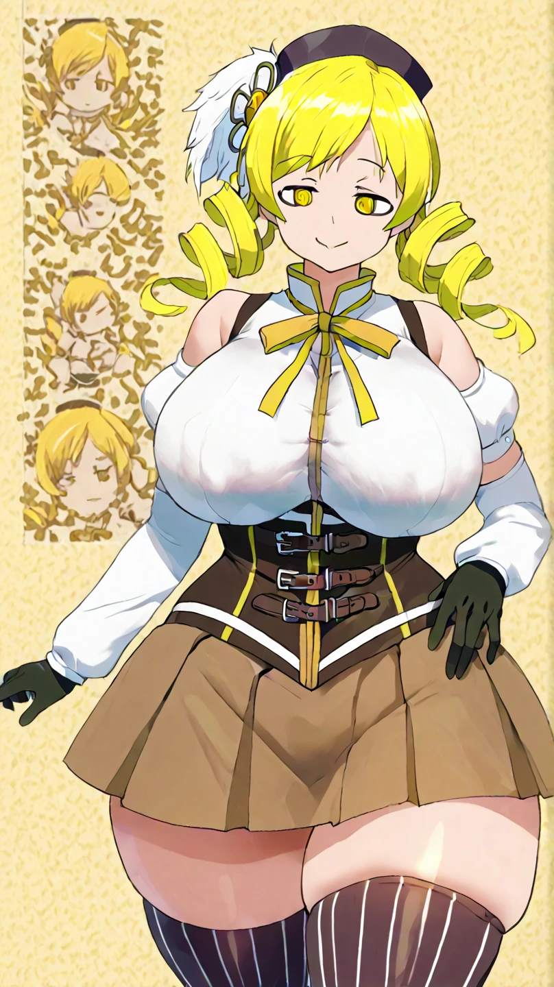 Copper bikini armor, copper crown, bare belly, big breasts, blond hair, red eyes