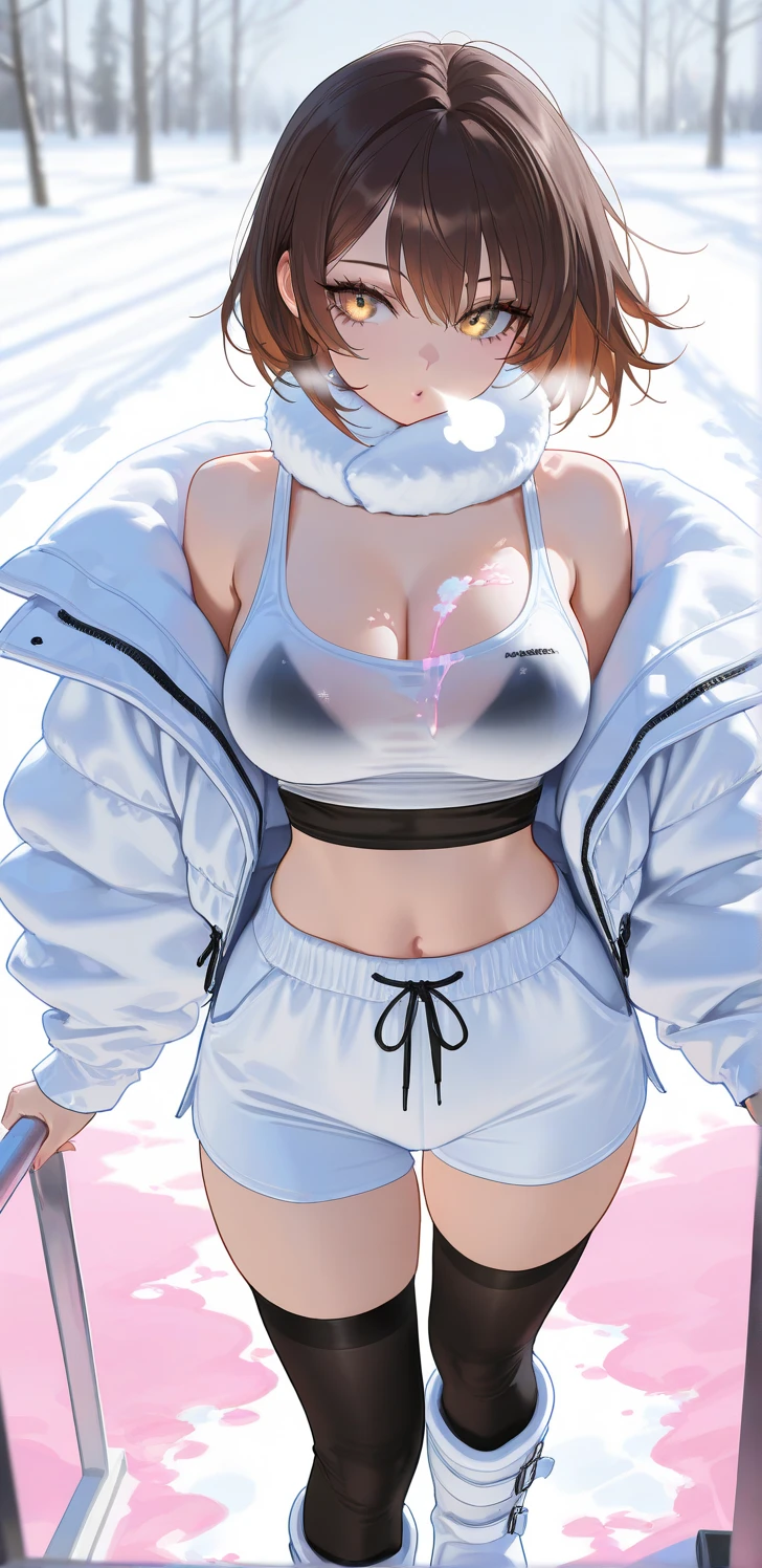 ((highest quality、High resolution、ultra detailed, 8K、masterpiece:1.8))、dynamic angle、I can see the whole body、wallpaper、1 girl、unparalleled beauty、ultimate beauty、super detailed face、delicate eyes、blue eyes, loving smile、sexy look、shirtlift tease, looking at the camera、Depth of bounds written、light particles、side light、ponytail、silver hair、white hoodie、black shortskirt, cropped hoodie underboob, Exposed underboob, huge breasts, white stockings, Sneakers、slim、slender、Street park ,