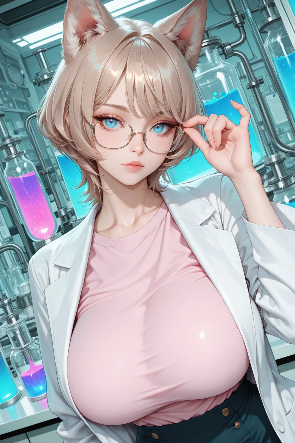 (masterpiece, best quality:1.4), (beautiful, aesthetic, perfect, delicate, intricate:1.2), (cute, adorable), (depth of field:1.2), dim lighting, sci-fi, vivid colors, colorful, sexy looking, perfect female form, (perfect face, glossy pink lips, expressive eyes, eyeliner, eyeshadow, blush), long blonde wavy hair, (huge natural breasts, narrow waists), (effortlessly beautiful scientist), (white lab coat), pencil skirt, cleavage, (inside advanced research laboratory, machines), (cowboy shot),