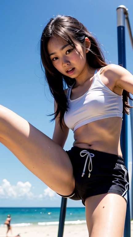 (solo), (a detailed full body RAW photo of a girl), (masterpiece:1.0), (best quality:1.4), (ultra highres:1.2), (photorealistic:1.4), 8k resolution, Canon EOS R5, 50mm, absurdres, ultra detailed, (40yo), sharp focus, cinematic lighting, detailed beautiful face, (no make up:1.2), (ulzzang-6500-v1.1), petite figure, detailed skin texture, suntan skin, flat chest, (skinny and fit body:1.6), thigh gap, detailed brown hair,  sweltering,(very short hair:1.5), realistic glistening skin, (sweating:1.8), nfsw, heavy breathing, humid, (small titts, cameltoe, erect nipples:1.5), (nike black track and field uniform sports bra:1.2), (halftights:1.5), (japanese athlete, flat chest:1.5), well-developed abdominal, stylish pose, blue sky, bikini tan,