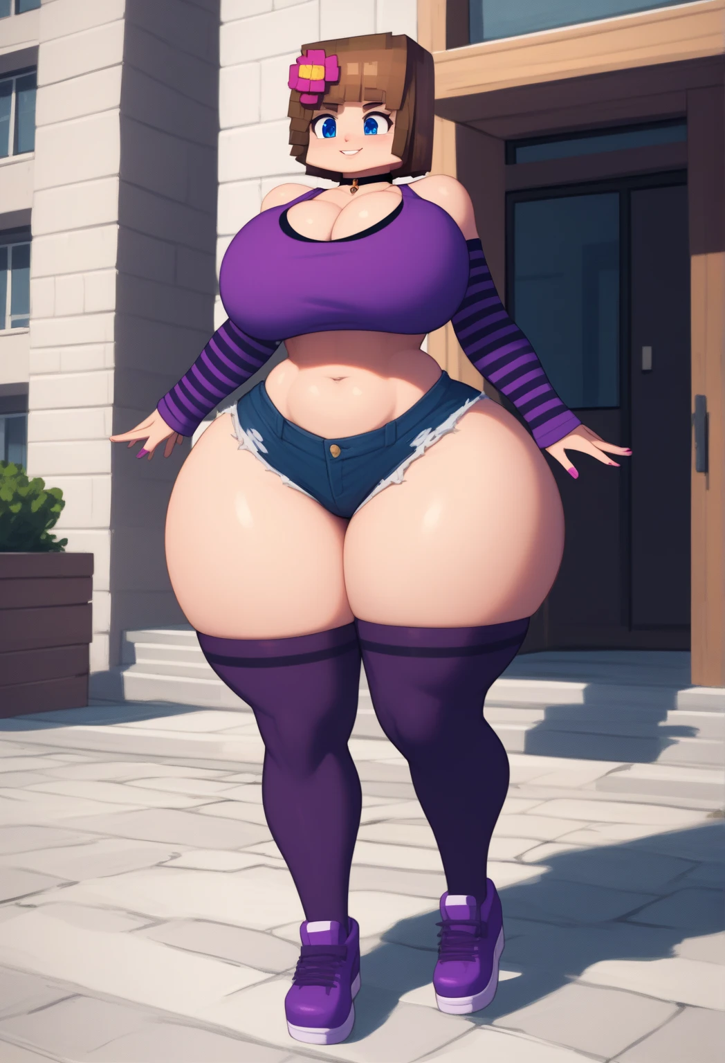 (blank background), (((full body framing))), standing, (masterpiece), (best quality), huge girl, (muscular girl:0.8), (thin hair:1.7), (long blue jeans), massive breast, Mohawk hairstyle:1.4, sport bra, purple hair, dark skin, belt under navel, blunt bangs, sneakers, (long legs:1.6), big cleavage, cute:1.8, adorable:1.8, 15 years old, leather jacket,, cyberpunk girl, ear piercings, earrings, tatoo, (very curvy:1.6), (from behind), 1girl, solo
