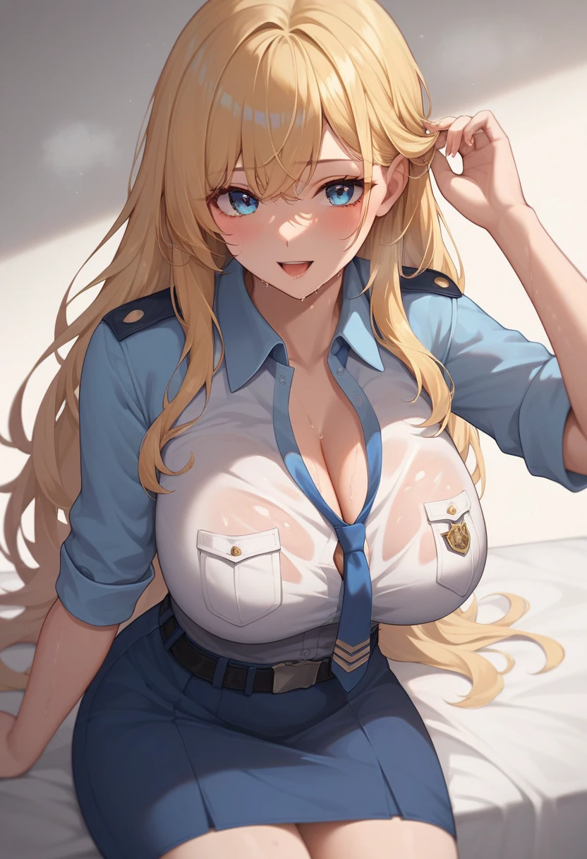 (masterpiece, best quality:1.2), police woman in skirt police uniforms, covered chest completely, blonde, giga_busty