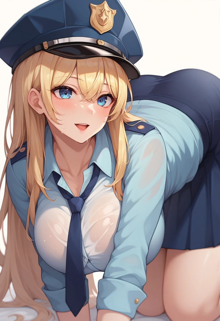 lumen reflections, natural lighting, evocative, triadic color scheme, cowboy shot, elegant, voluptuous:0.6, nude, nsfw, looking at viewer, 1girl, female, solo, blush, open mouth, smile, nsfw, utsushimi camie, blonde hair, short hair, brown eyes, peaked cap, black bodysuit with breasts and cleft of venus exposed, breasts exposed