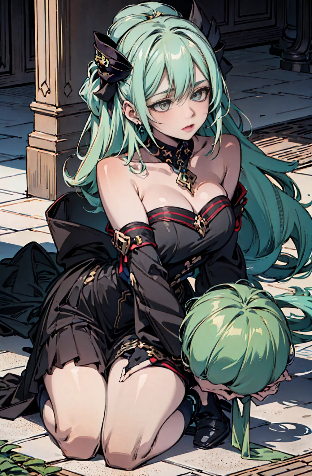 1 girl, tosca hair, long hair, red eyes, long dress, jewelry, dancer, dungeon, behind bars, dark, hard lighting, from above, angry, fear, scared, laying down, on side, bruises, hurt, detailed eyes, extremely detailed eyes, detailed face, cleavage,