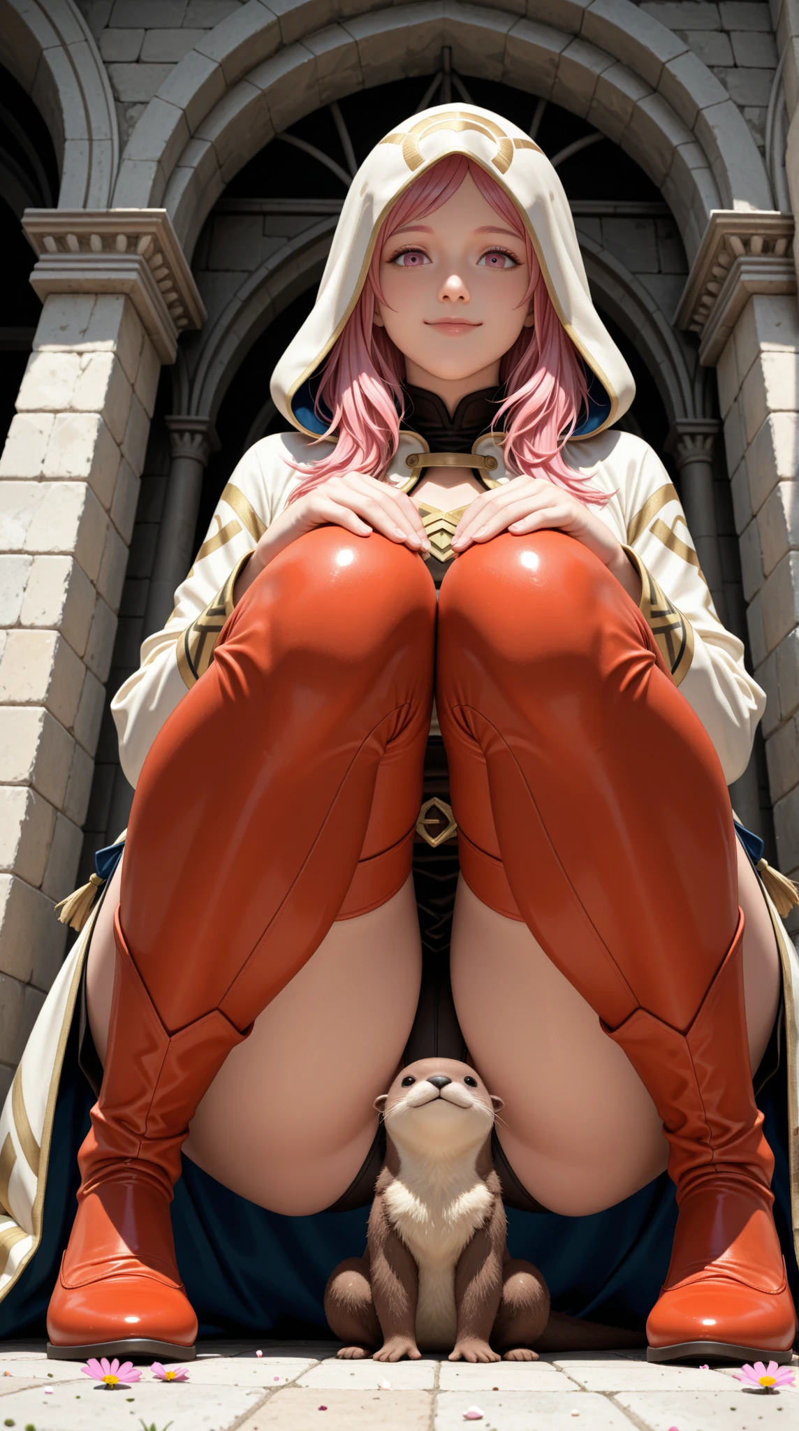 Curly pink hair、hime-cut、Girl with golden eyes、View of the crotch from below、flat chest、Thin pubic hair、Beautiful open legs、Black military uniform