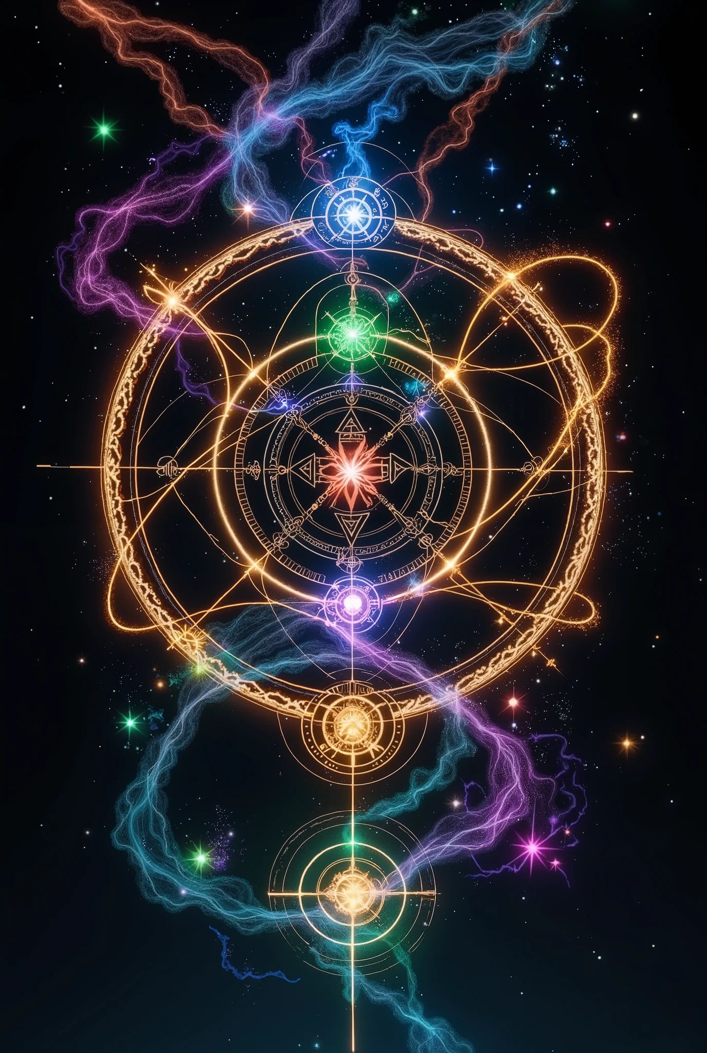 a blue magic circle, a green magic circle, a red magic circle, a white magic circle, a yellow magic circle, a purple magic circle, a pink magic circle, black background.