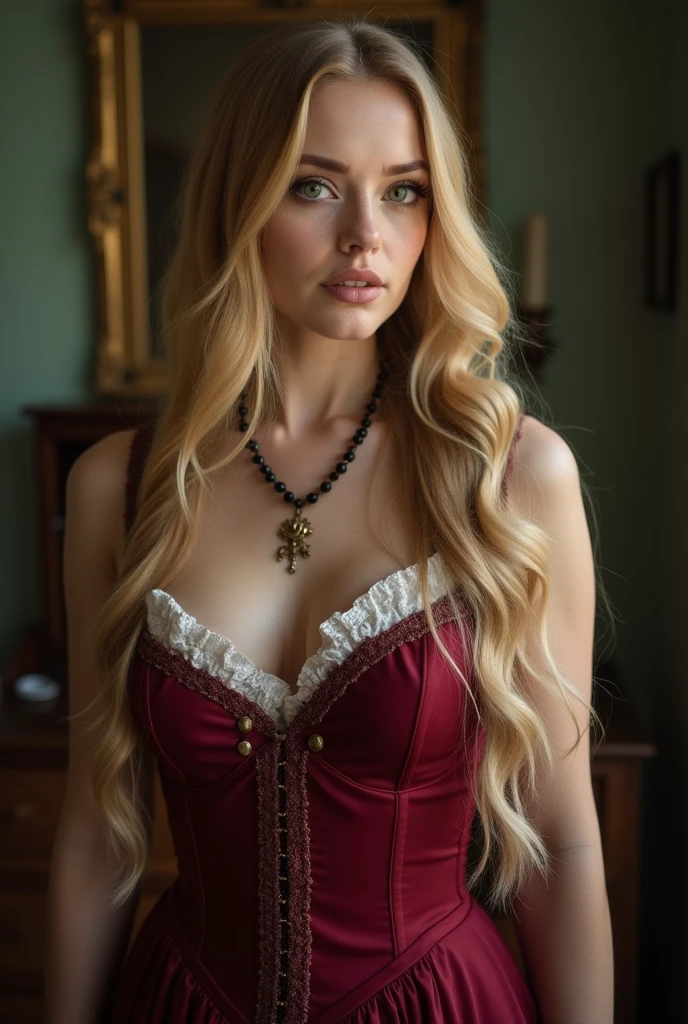 medieval clothes, 12 years old girl, huge gigantic lifted squeezed breasts, dark lipstick, innocent face, huge sexy wet lips, lust lips, blond straight hair, huge red hot slightly opened lips, hot, small weist, corset, innocent girlish hot smirk, exposed shoulders, in a royal very expensive medieval gala dress, kind, shy