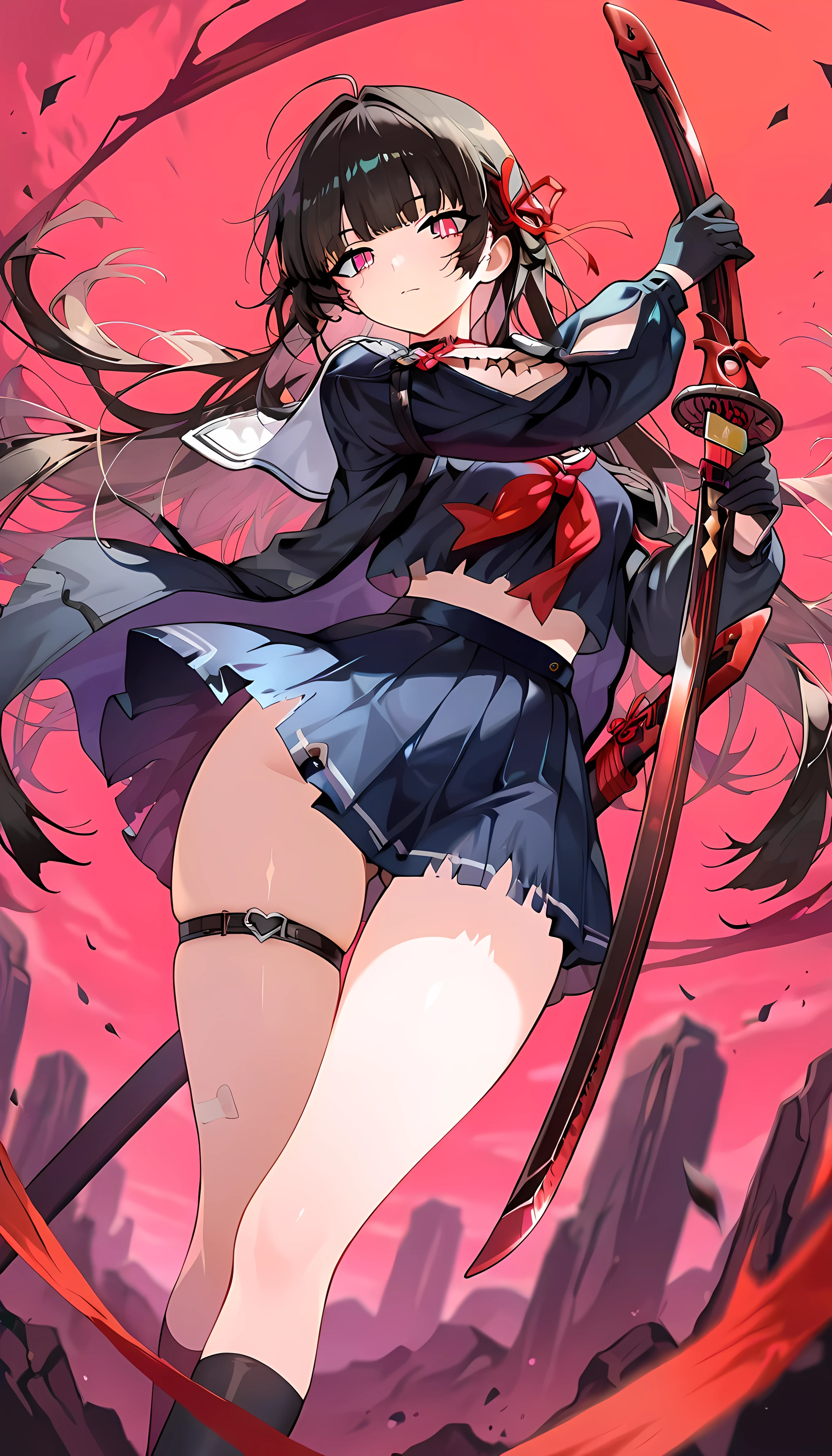 masterpiece, best quality, amazing quality, very aesthetic, high resolution, ultra-detailed, absurdres, newest, scenery,(depth of field:1.5),
(super fine illustration,professional quality,ultra high res), beautiful detailed eyes,
(high brightness),
break
chisa /(wuthering waves/),1girl,solo
red eyes, black hair, long hair, hair ribbon, red ribbon, Gloves, Shirt, Cute face and eyes, Thigh gap, Ass visible through thighs,
black colored school uniform, serafuku, sailor collar, torn clothes, thigh strap
The red katana, gleaming with sharp edges, is held firmly as if ready for a decisive move. She is adorned in a black and red outfit,
1girl,
slit pupils, expressionless, Glossy eyes, Animated, Seductive, Erotic, Glossy skin Thighs, Sexy,
(Cute Illustration: 1.3), (High Saturation: 1.3), Cute face and eyes, Dynamic lighting,
stylish pose, Swinging action, looking at viewer,
(Dutch angle: 1.2), (holding katana), (weapon, katana, holding sheathed katana:1.5, perfect katana),