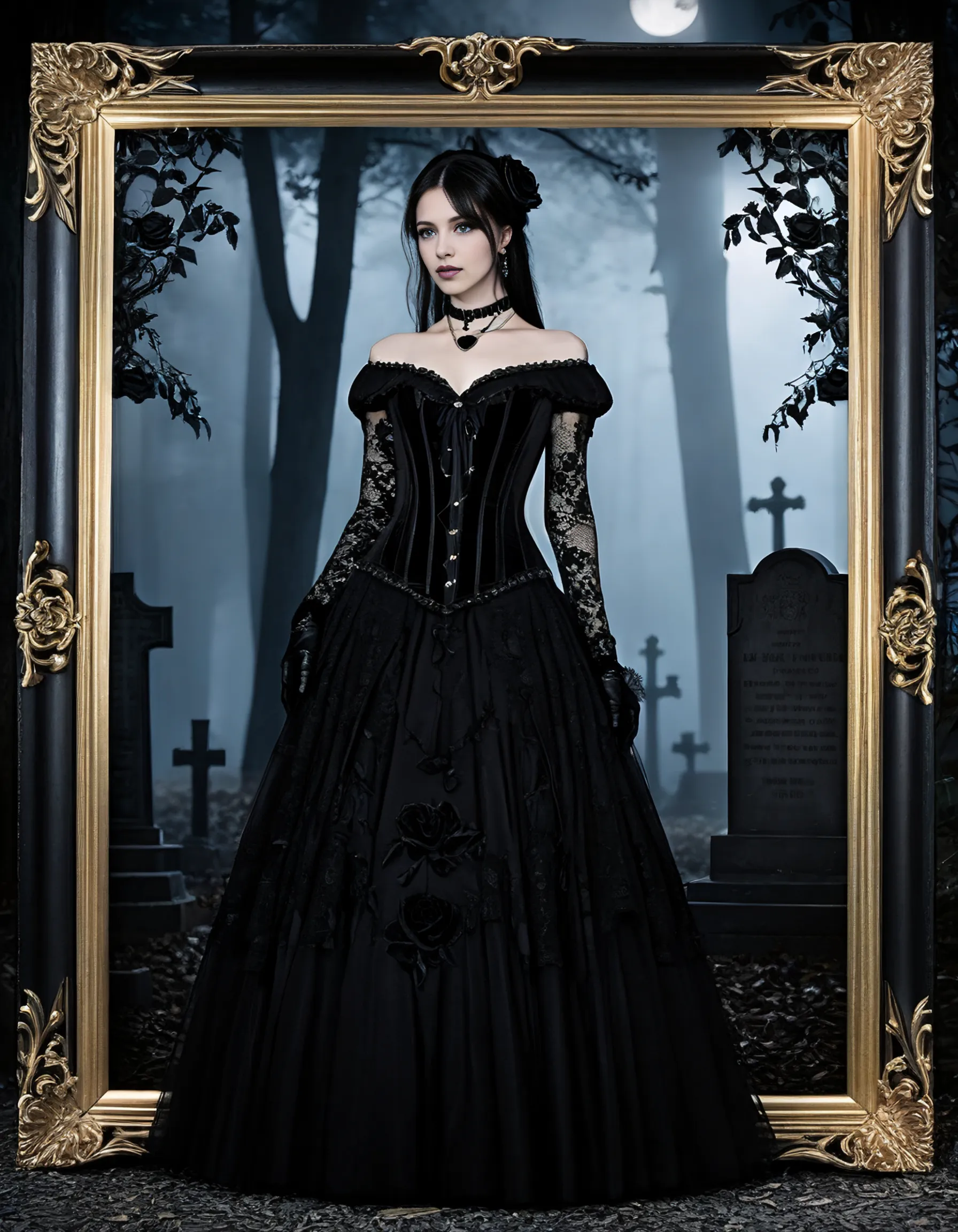 A sinister and mysterious Gothic room where a skeletal mummy lies on one wall, next to it a ghost completely covered in a black veil down to the feet where only the white eyes illuminated like two lights can be seen