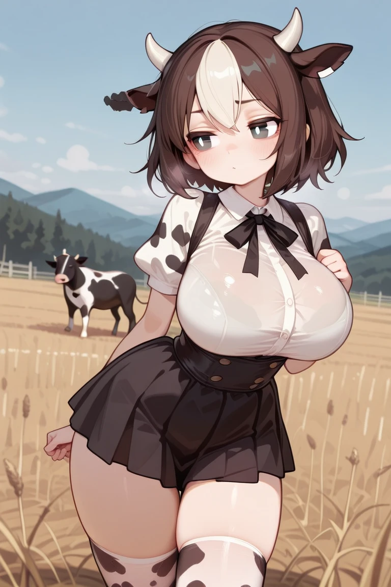 Anime illustration、highest quality、Short high school girl、Transistor Grammar、Cowbell collar、big belly button piercing、Holstein daughter、Cow print tube top、hot pants、Cow print knee socks、Perfect proportions、vast ranch、Pasture、Cowshed、Clear skies、overwhelmingly big breasts、Beautiful, shining eyes、Cowboy Shot、smile、Excessive sweating、Noise Reduction、detailed hand