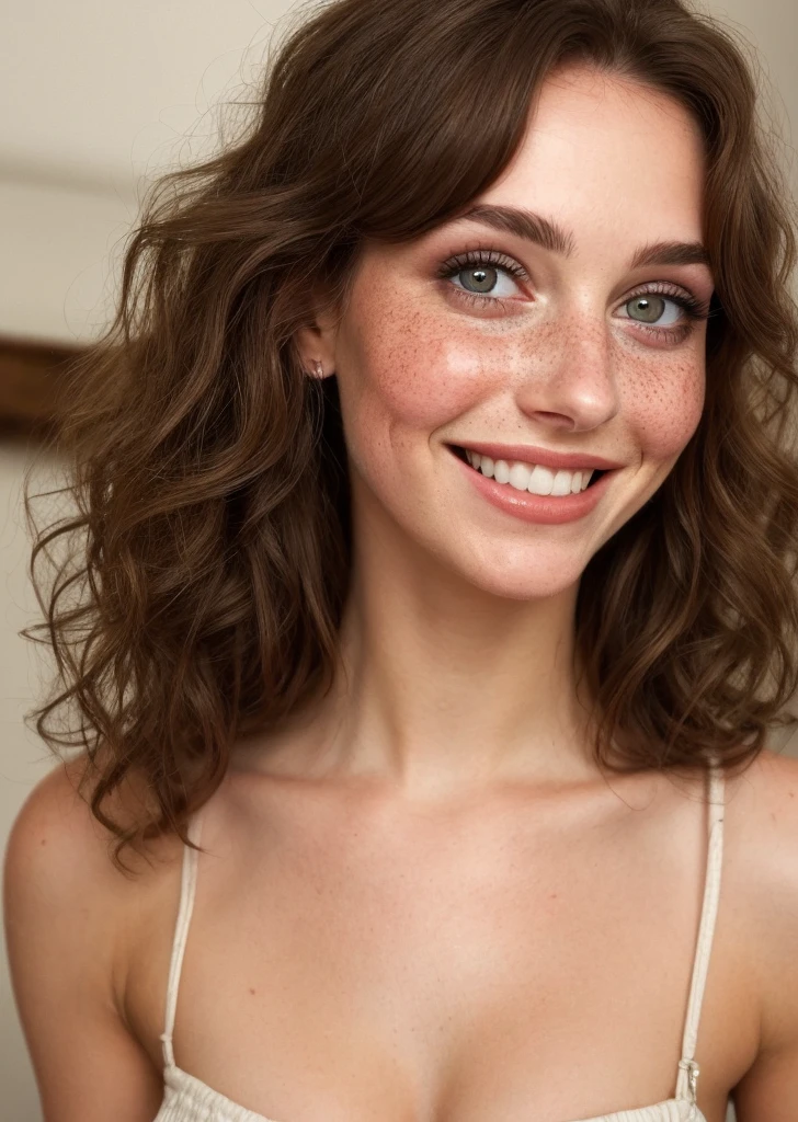 beautiful lady, (freckles), big smile, ruby eyes, long curly hair, dark makeup, hyperdetailed photography, soft light, head and shoulders portrait, cover
