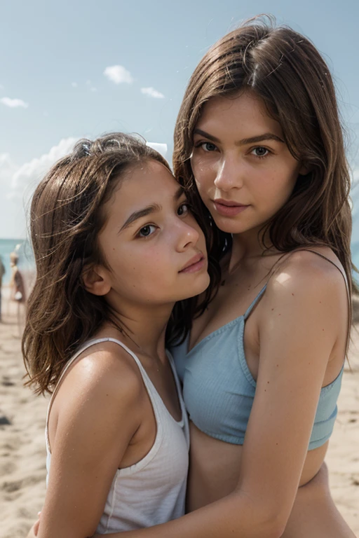 Make a picture of a mother and daughter on the beach. The mother must have more attitude than her own daughter. The mother must be around 44 years old, short hair with a gray front strand, and daughter 8 years old, long hair. The mother should behave as if she were her daughter's age and her best friend. Creates an ultra-realistic 8k quality and fullHD photo